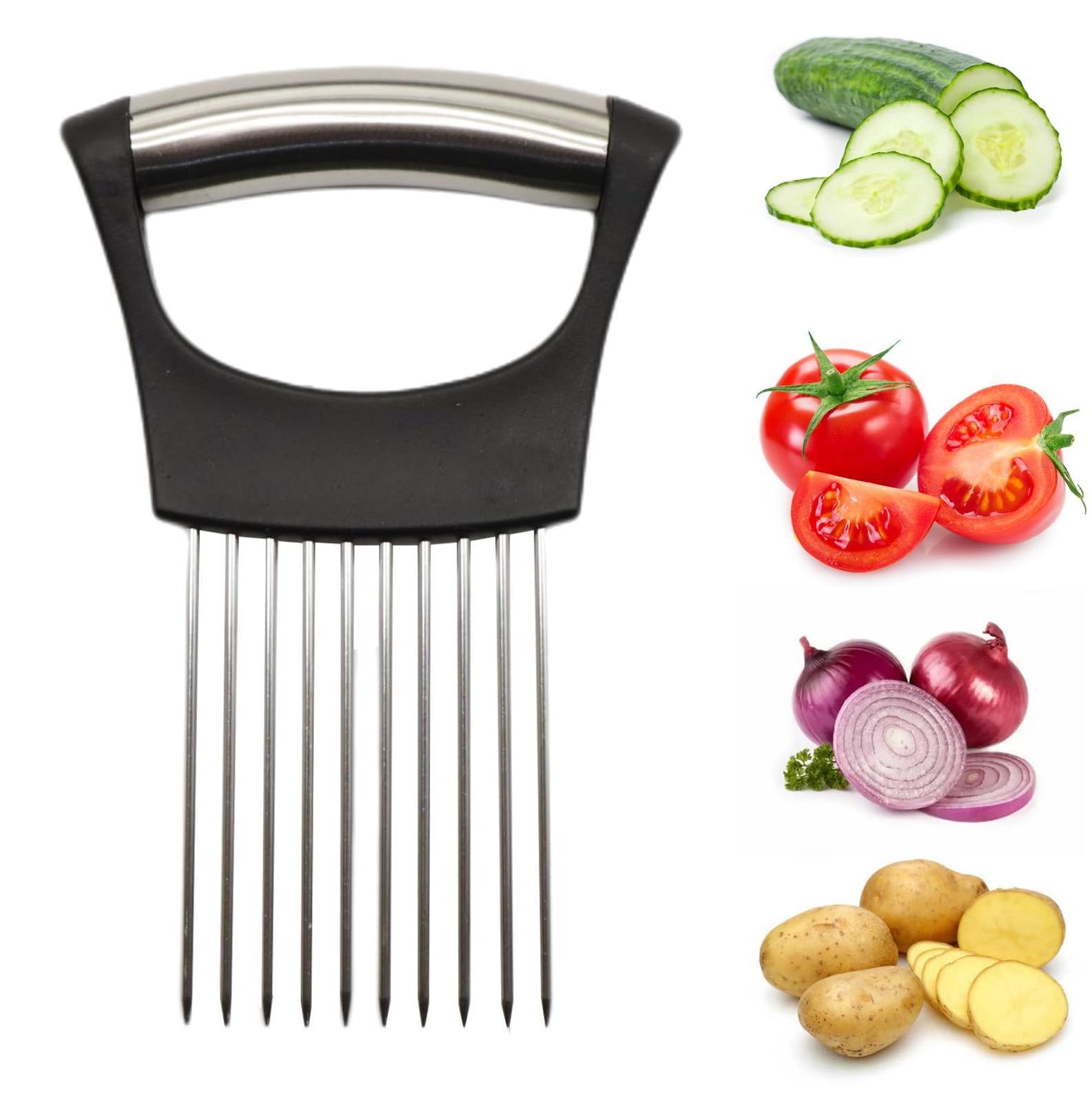 Markenlos Edelstahl Zwiebelschneider Halter zum Schneiden, Schneidehilfe für Fleisch, Zwiebeln, Kartoffeln, Tomaten, Zitrone