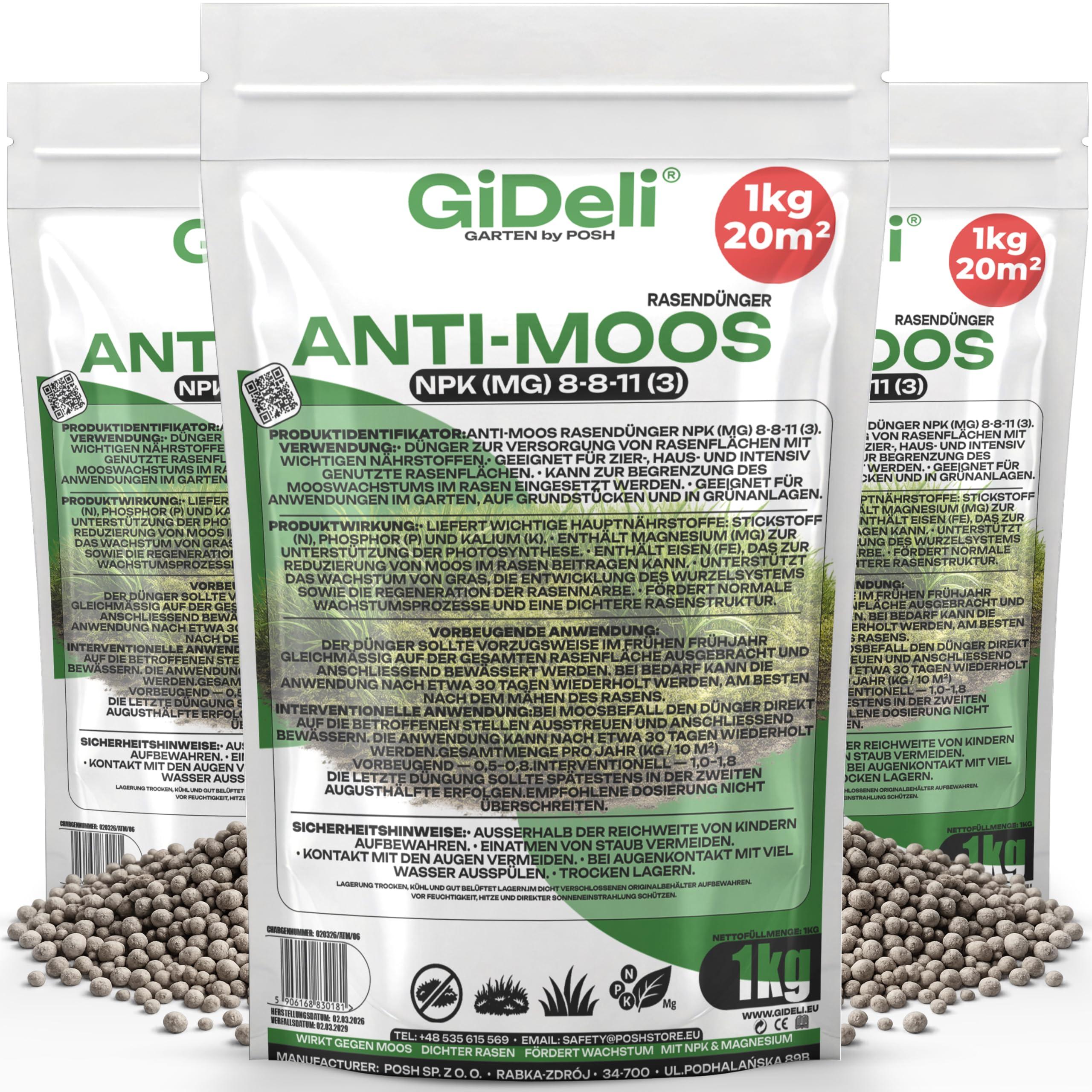 Posh Anti-Moos Rasendünger 3kg NPK 8-8-11 Frühjahr Eisen Magnesium Garten GiDeli