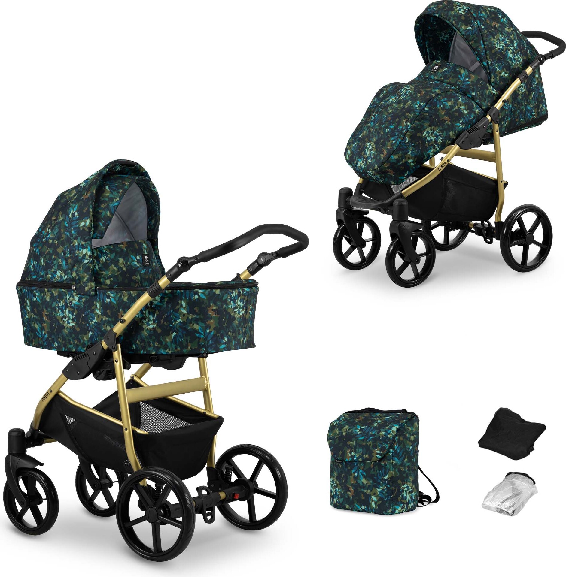 Kinderwagen MATA Sportwagen Babywagen Babyschale Komplettset Kinder Wagen Set 2 in 1 (blätter, Rahmenfarbe: Gold)