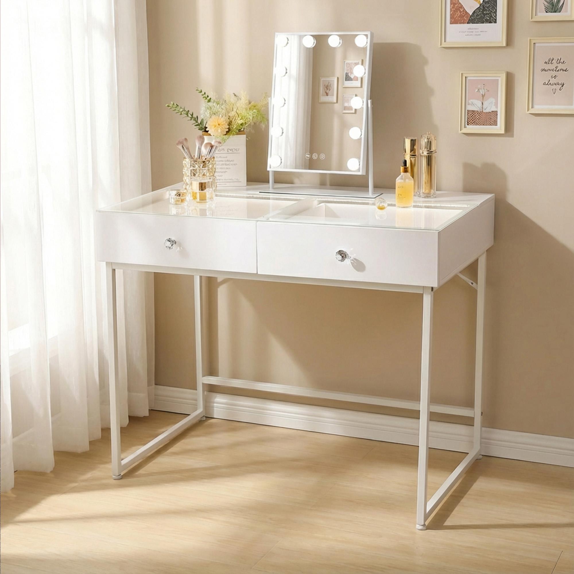 VANITII GLOBAL VANITII Schminktisch mit Spiegel 12 LED Glühbirnen, einstellbare Helligkeit, mit 2 Schubladen VT-VD2-3041