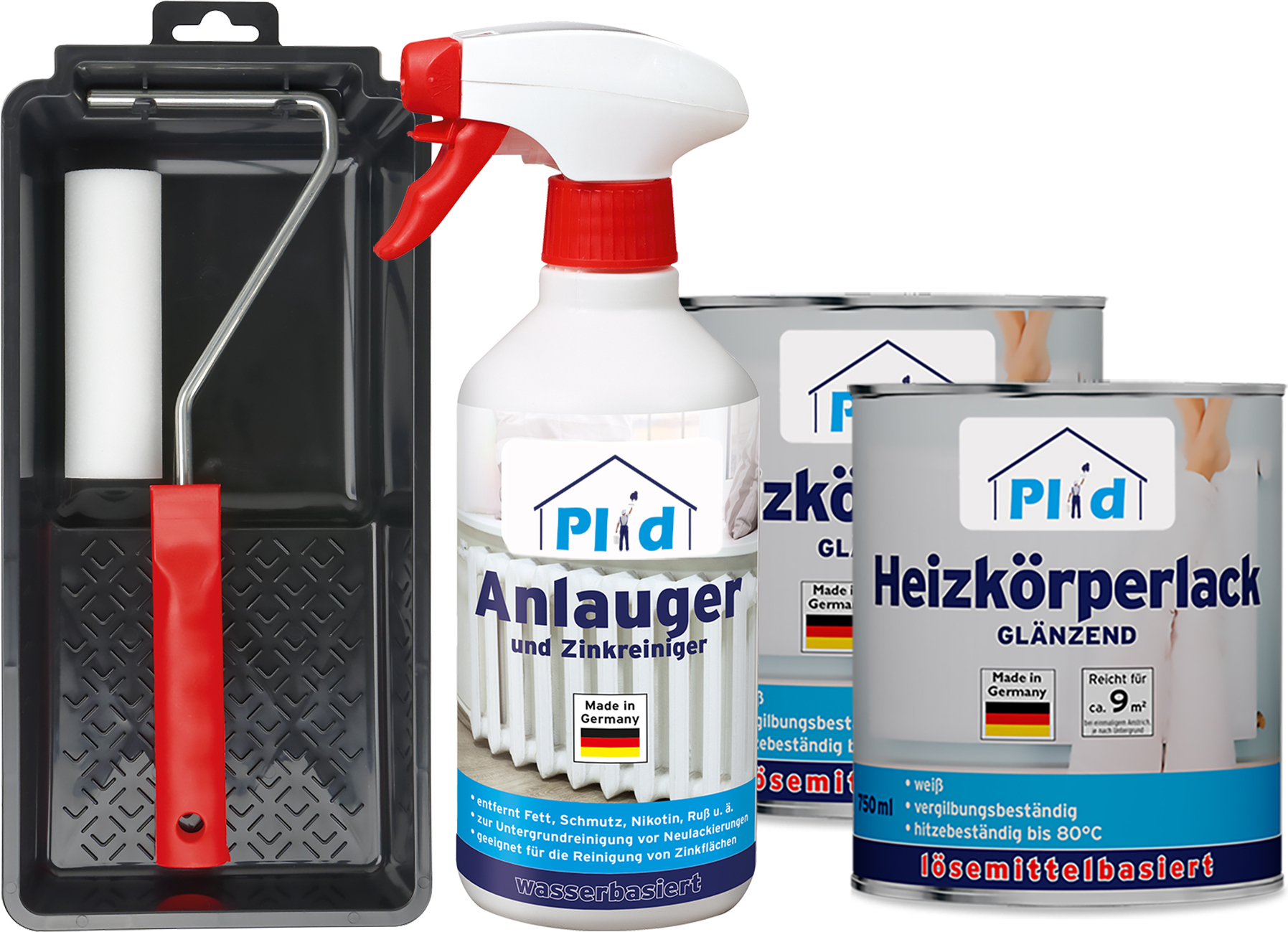 Plid Heizkörperlack Set 1,5L Weiß Glänzend für ca. 18m² + Lackierset + Anlauger 0,5L