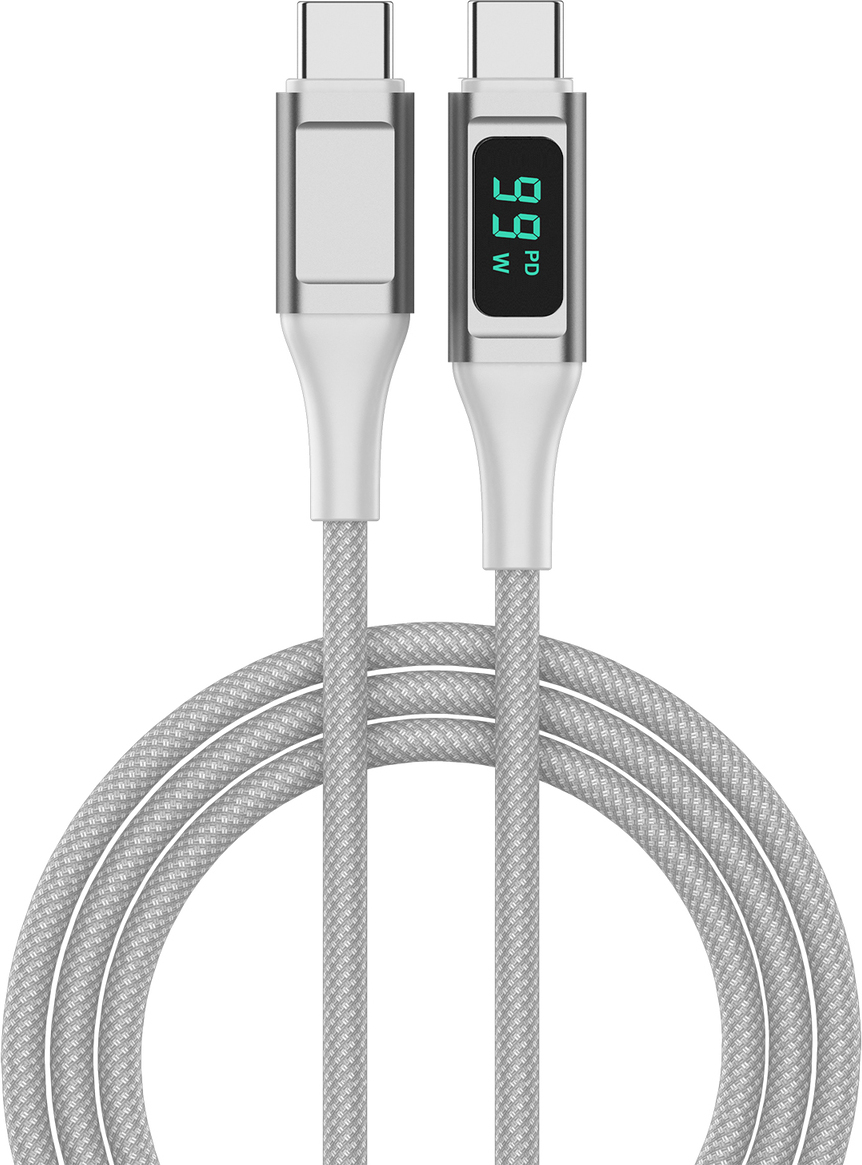 4smarts Kábel USB-C na USB-C DigitCord 100W 1,5 m biely Nabíjajte svoje zariadenia rýchlo a efektívne bez straty prehľadu o prenosovom výkone