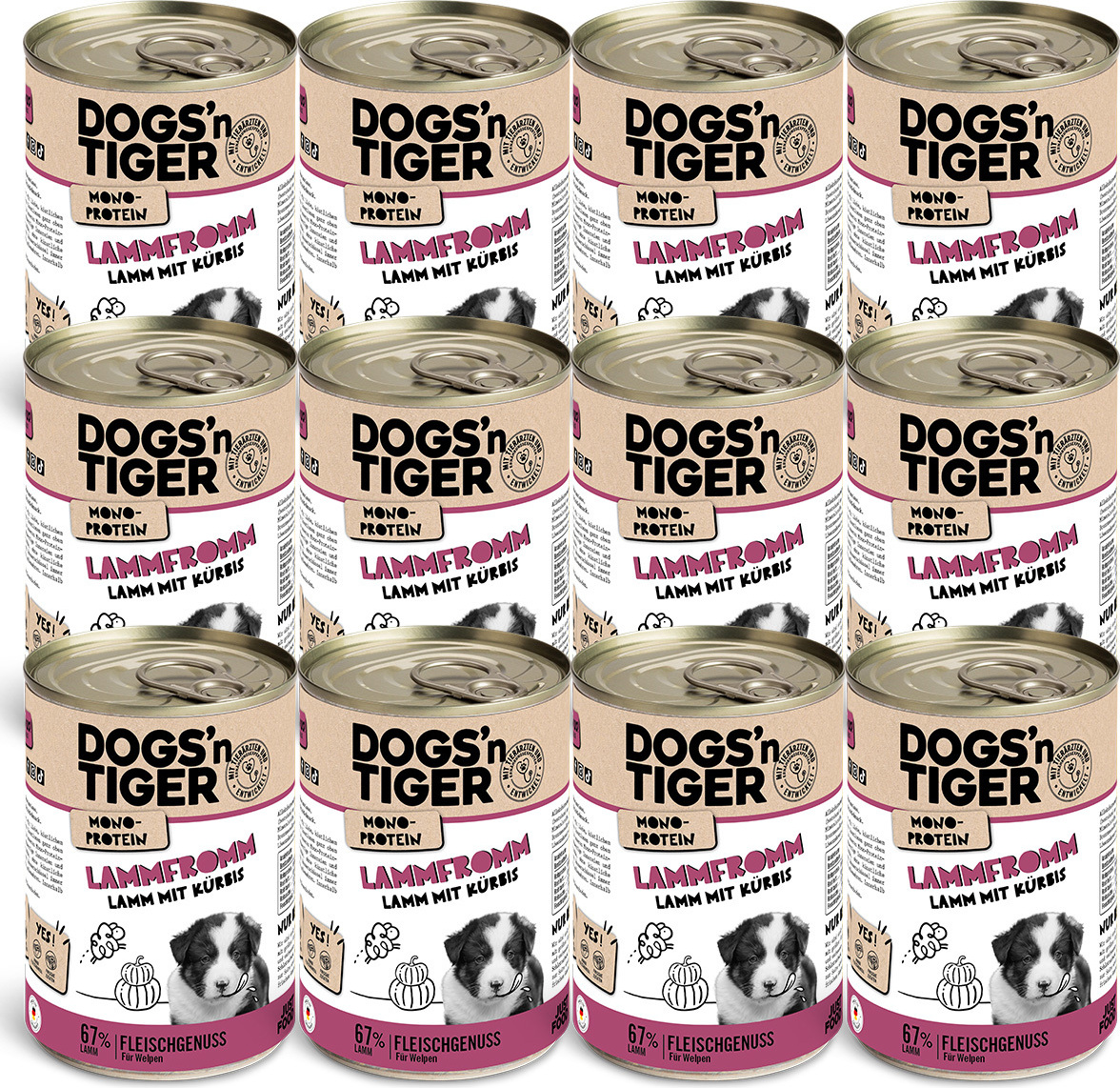 Dogs’n Tiger Welpenfutter – Mixpaket Mit Geflügel & Lamm, Getreidefrei, 12 X 400g | Happy Puppy