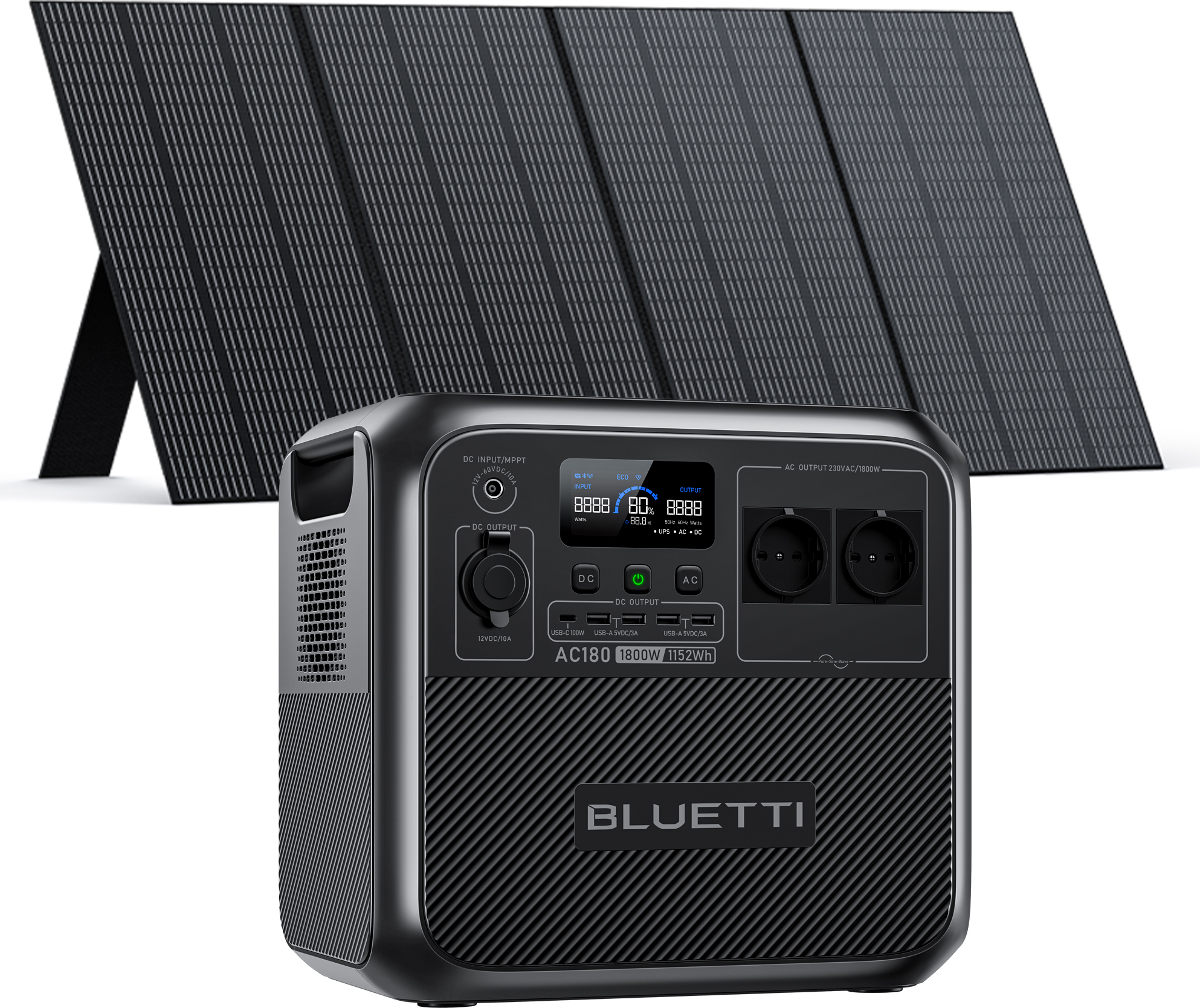 BLUETTI AC180 solárny generátor s PV350 solárnym panelom zahrnutý, prenosná elektrárna 1152Wh s 2 1800W (2700W výťahový výťah)