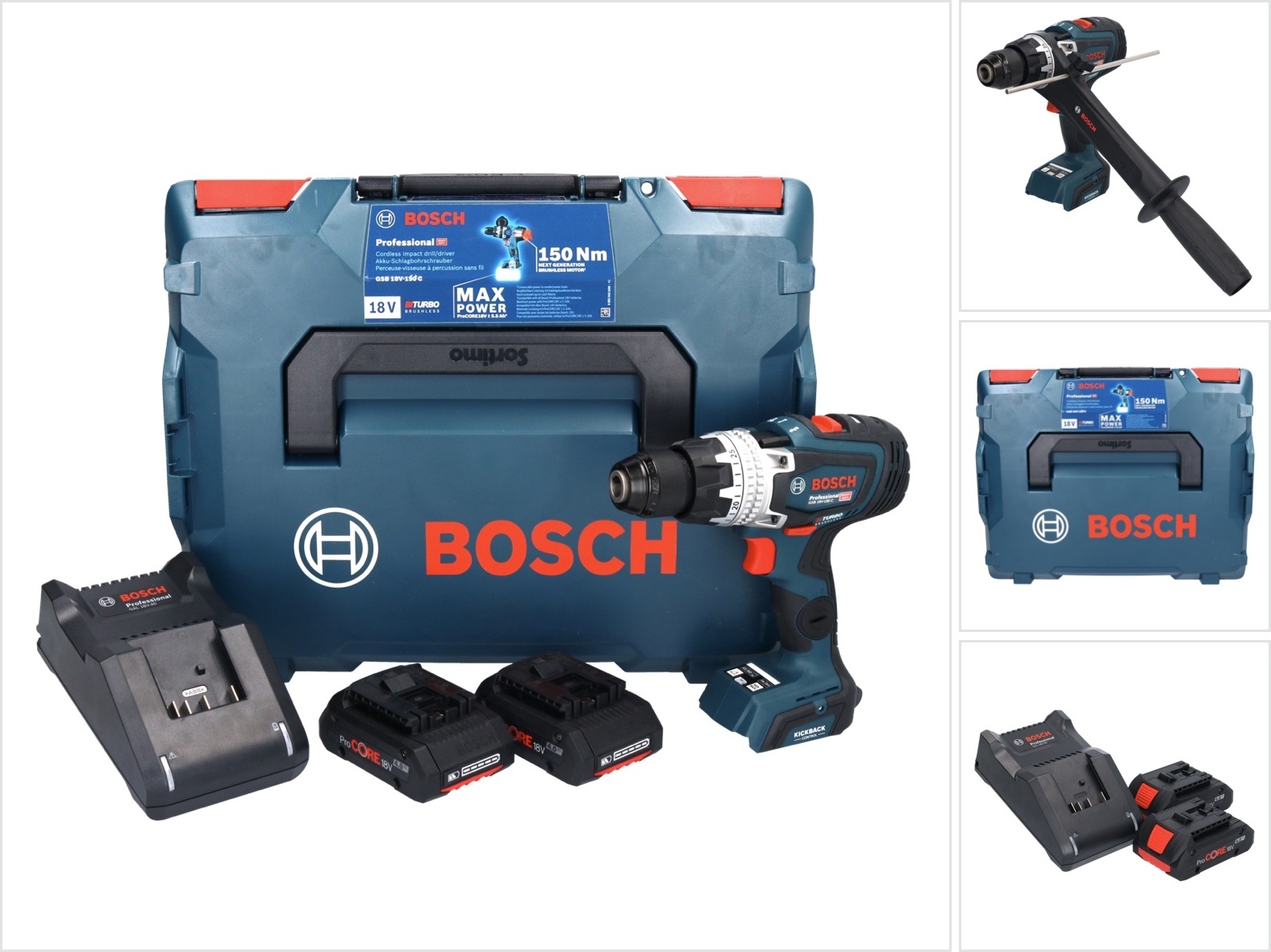 Bosch GSB 18V-150 C Profesionálna akumulátorová príklepová vŕtačka 18 V 150 Nm Biturbo Brushless + 2x akumulátor ProCORE 4,0 Ah + nabíjačka + L-Boxx
