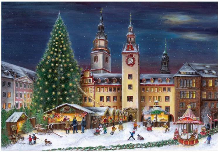Adventný kalendár Chemnitz s motívom radnice, 38 x 26 cm, kartón