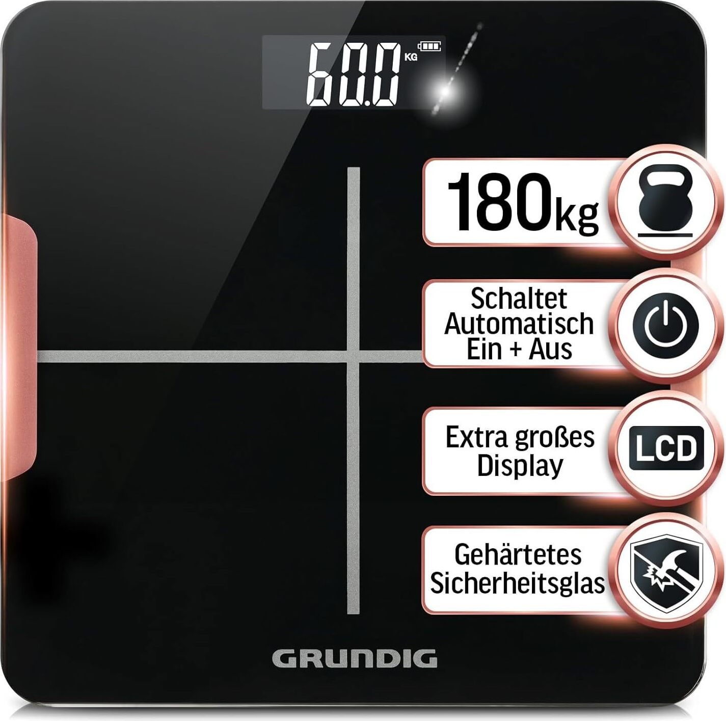 Personenwaage digital, Körperwaage bis 180 kg mit hochpräzisen Sensoren, Weight Scale, Waage Personen, 5mm gehärtetes Sicherheitslas, LCD-Display GRUNDIG