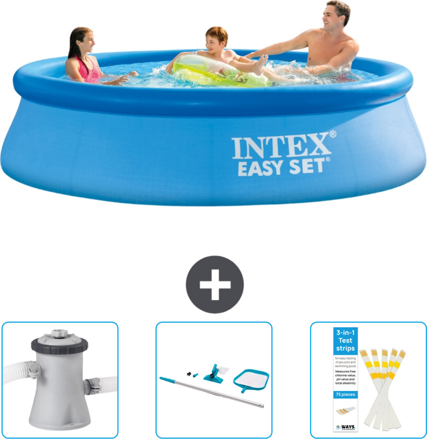 Okrúhly nafukovací bazén Intex Easy Set - 305 x 76 cm - modrý - dodávaný s filtračným čerpadlom pre bazén - čistiaca súprava - testovacie prúžky