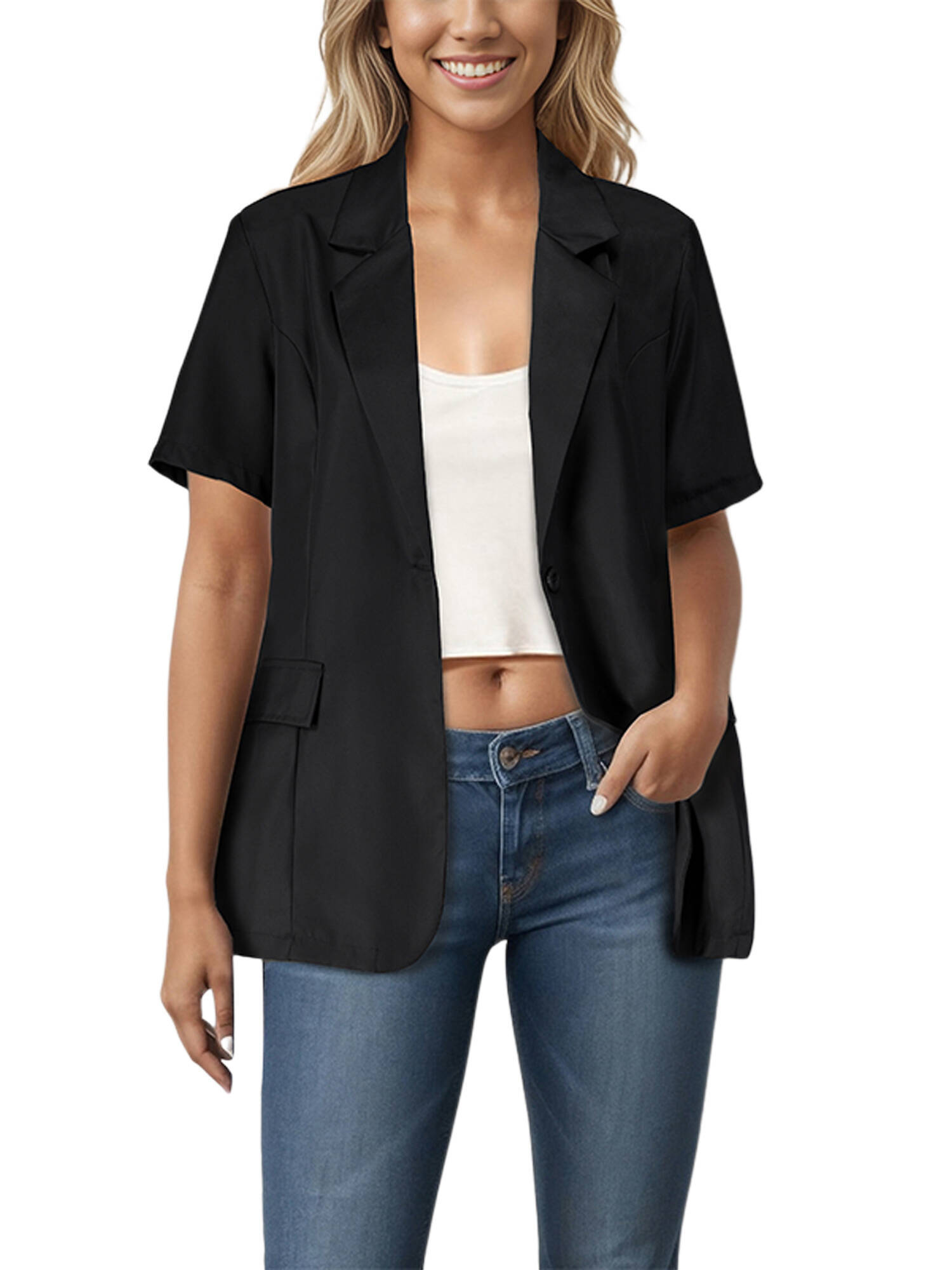 KIMCCI Damen Blazer Elegant - Kurzarm Business Jacke Aus Baumwoll-Leinen