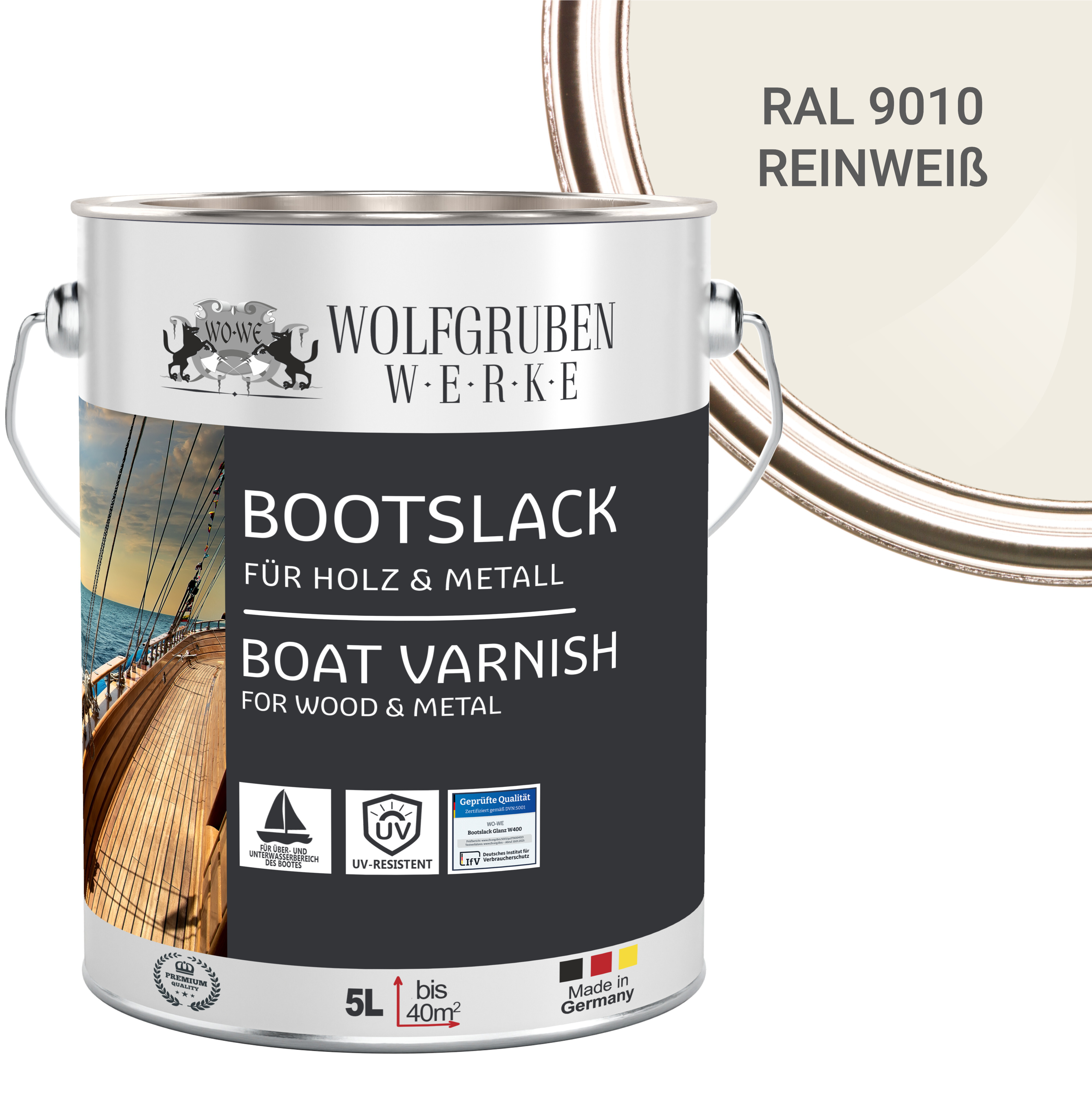 WO-WE Bootslack Parkettlack Schiffslack Holzlack Seidenglänzend für Holz Boot Schiff W400 Weiss - 5L W400 Glänzend
