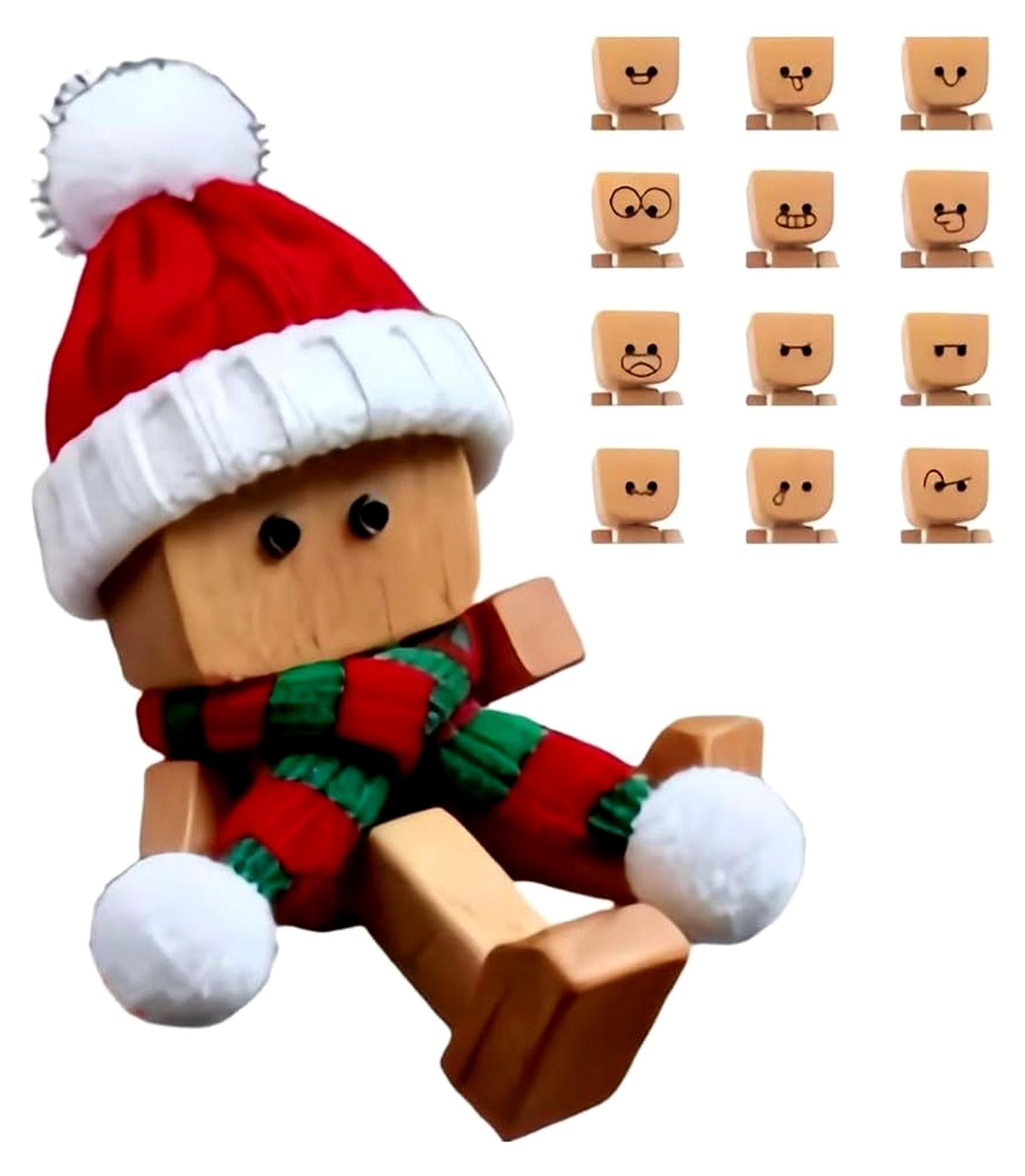 Markenlos Handgefertigte Wackelfigur aus Holz mit 12 magnetischen Gesichtsausdrücken für die Dekoration im Auto, am Schreibtisch oder im Regal