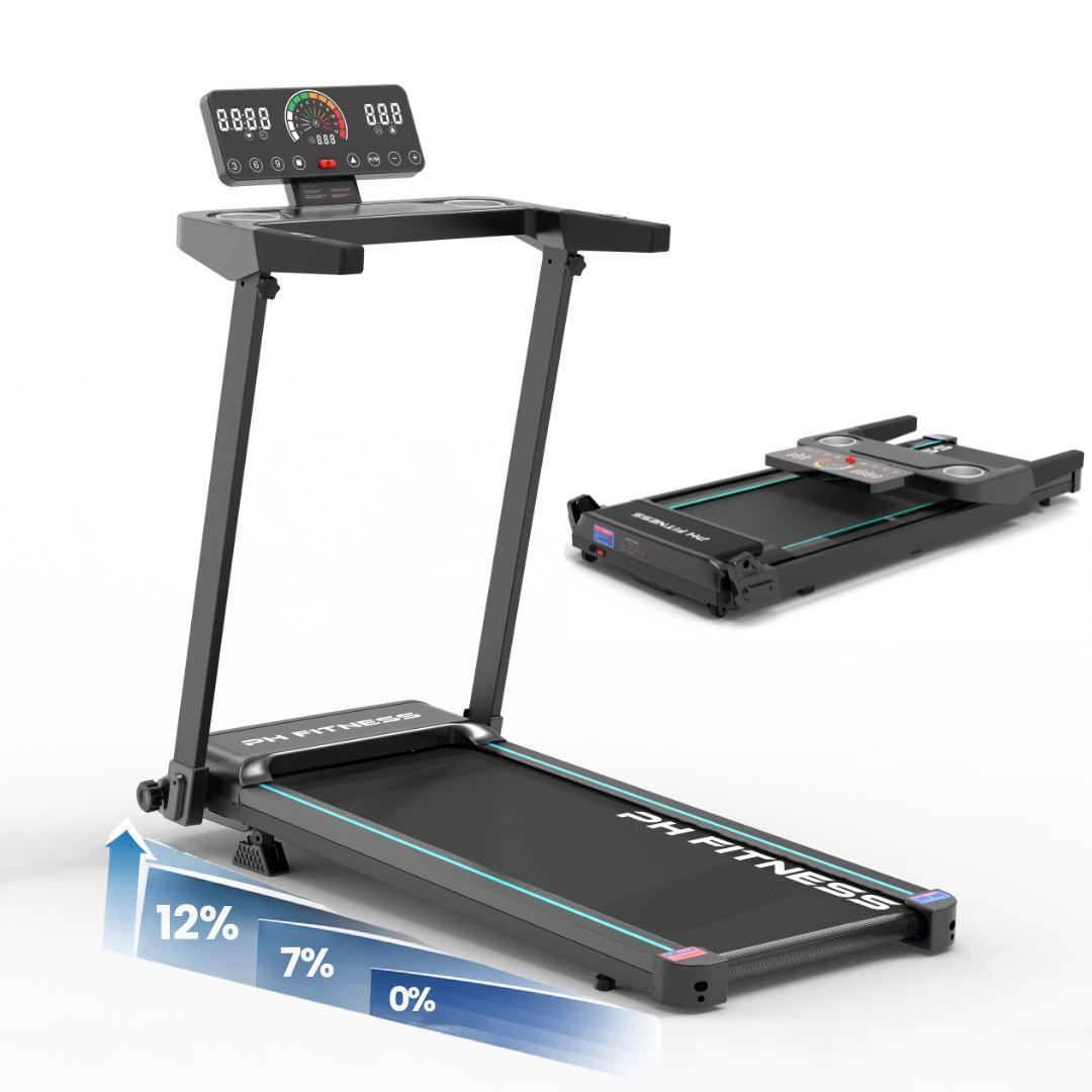 Skladací bežecký pás PH Fitness TH-900 – 3,0 PS špičkový výkon / 1,5 PS trvalý výkon – 12 km/h – sklon 0/7/12 – Bluetooth a aplikácia FitShow – LCD – 130 kg – 12 programov
