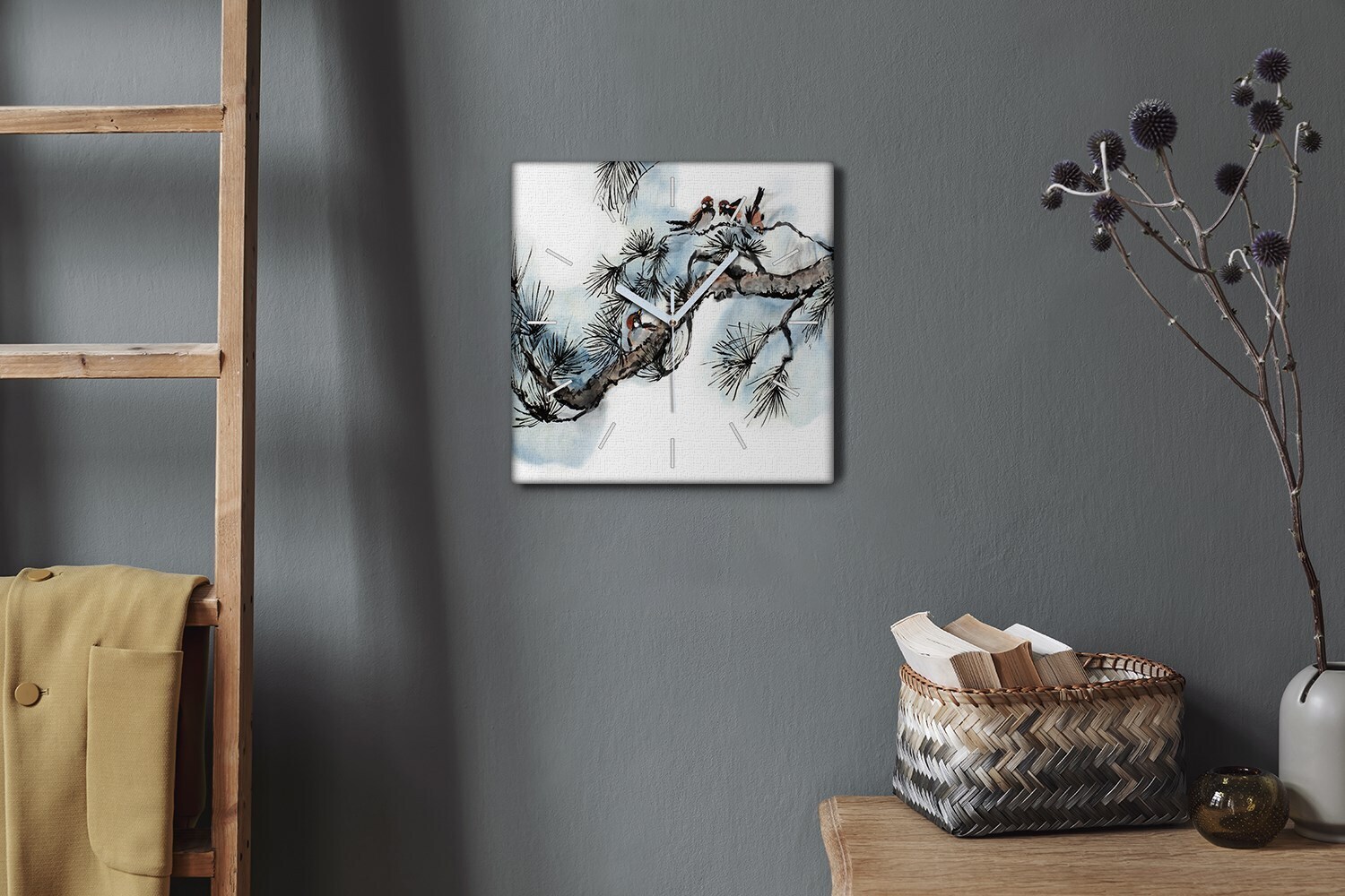 Coloray Hodiny Unikátní 30x30 cm Tiché hodiny Pro obývací pokoj a kuchy Nástnné hodiny Plátno Bílé ruiky hodin - Zvíata ptáci vrabci