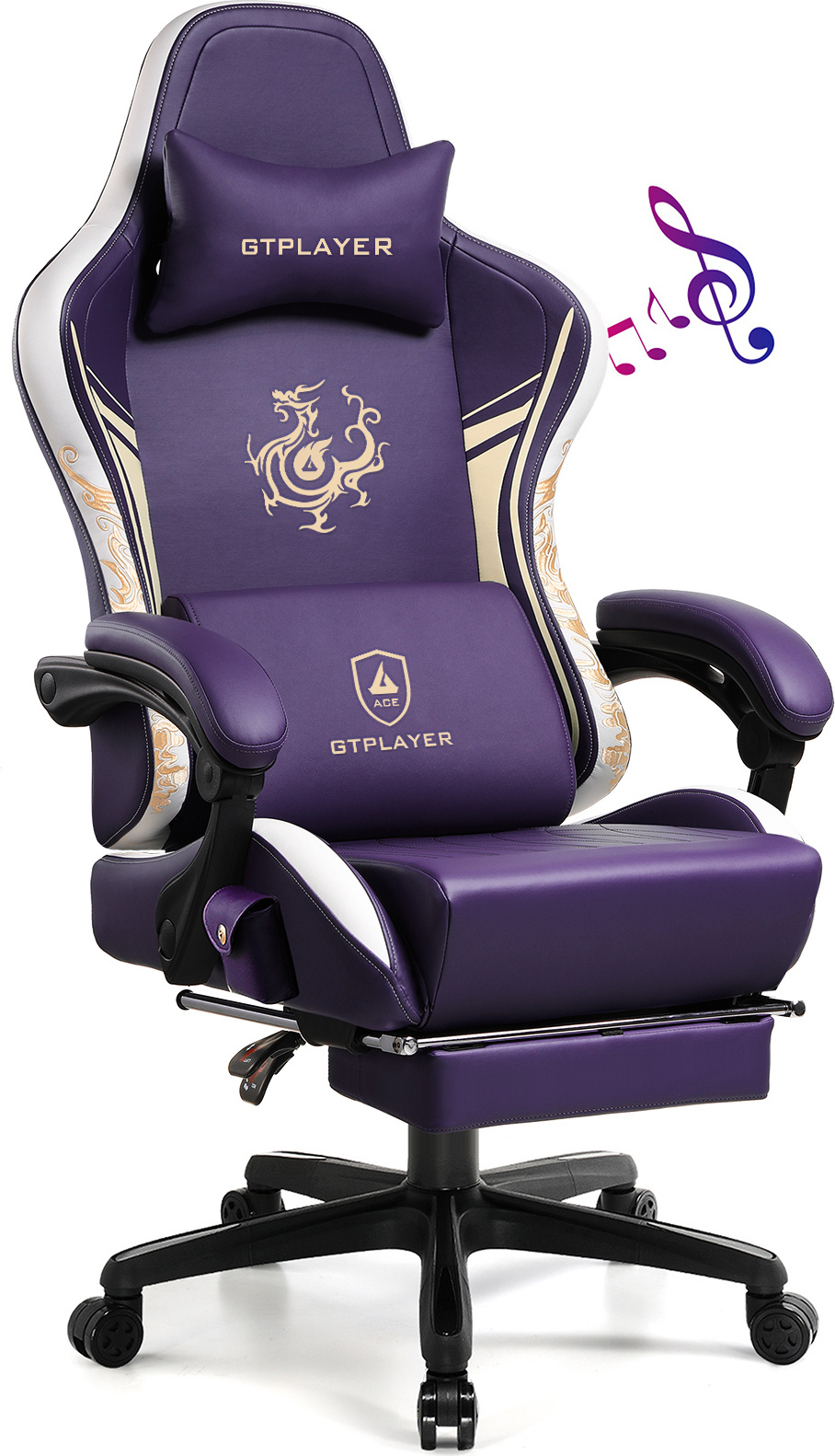 GTPLAYER Herné kreslo Herné kreslo s reproduktormi Bluetooth a opierkou na nohy, kancelárske kreslo série Dragon, ergonomické otočné kreslo, počítačové kreslo fialové