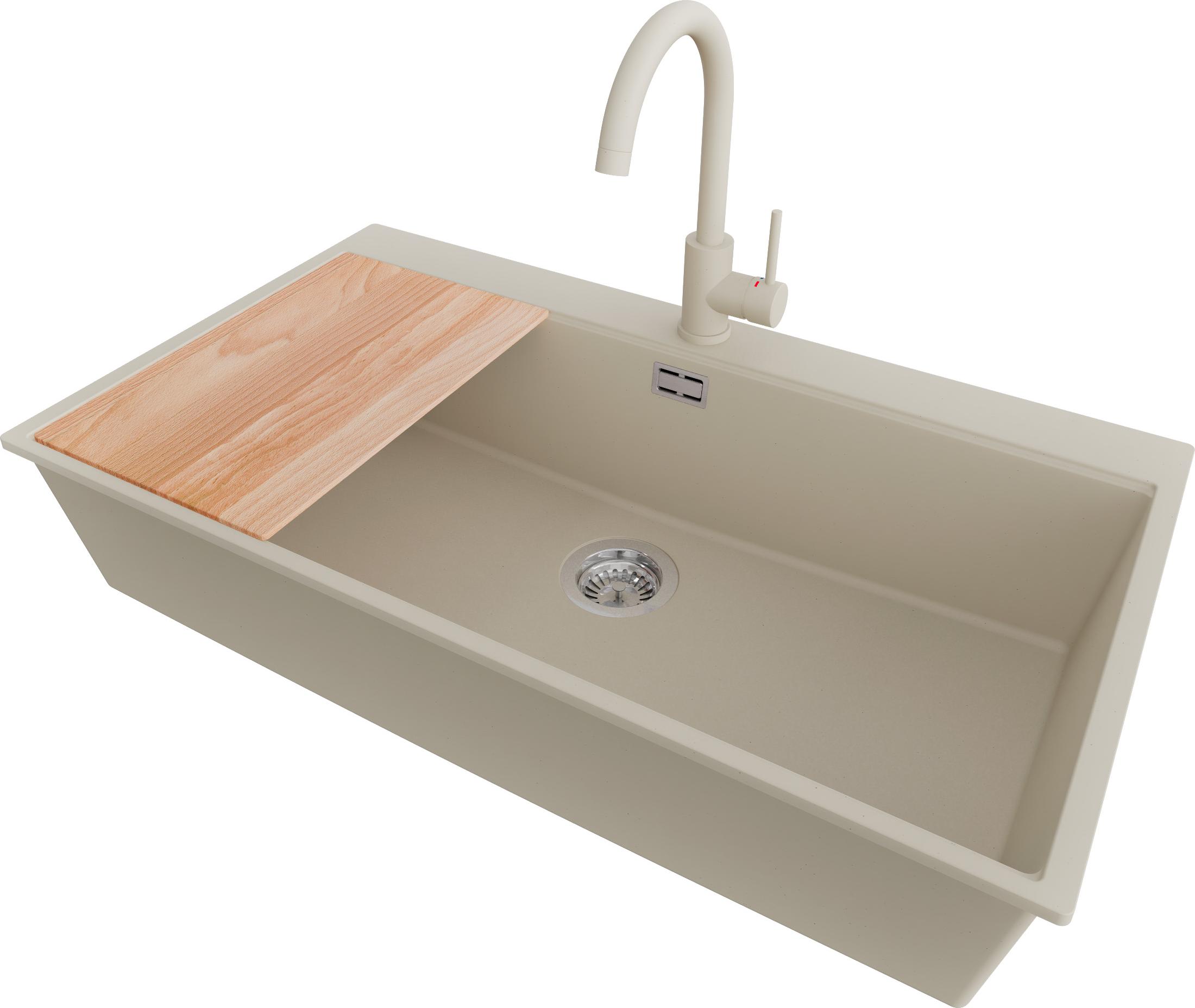 PRIMAGRAN Granitspüle Beige 88x50cm, Spülbecken 1 Becken + Küchenarmatur 32x20cm + Ablauf-Set + Schneidebrett, Küchenspüle ab 90er Unterschrank - Oslo