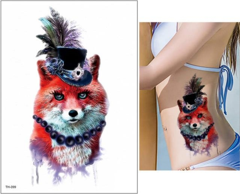 Justfox Temporäres Tattoo Rotfuchs Fuchs mit Hut Design Temporary Klebetattoo Körperkunst 8381