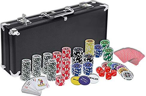 TRMLBE Pokerkoffer 500 Chips Pokerset Laser Pokerchips inkl. 2X Pokerdecks, 3X Dealer Button, 5X Würfeln, Aluminium Koffer mit 2 Schlüssel - Schwarz