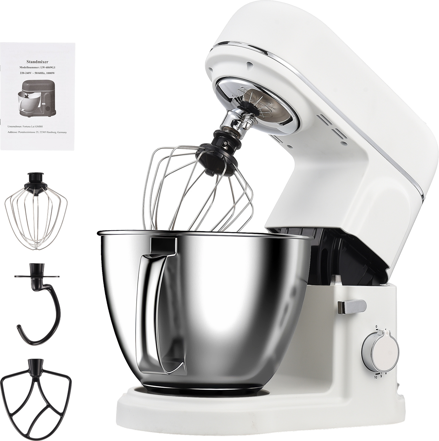 Fortuna-Lai Kuchynský robot Mixér, 1000W stroj na cesto 8 rýchlostí 5L mixér s hákom na cesto, metličkou, šľahačom, miešacou misou Ochrana proti postriekaniu Kuchynské roboty