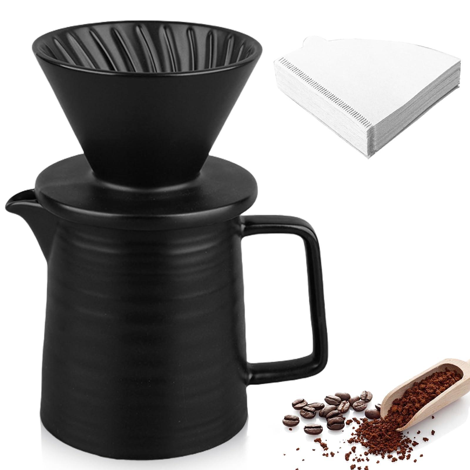 Merkloos Omgoods – Premium-Kaffeemaschine – Porzellan – Halterung für Kaffeefilter – 450 ml – Manuelle Bedienung – Inklusive 100 Filter – Keramischer Abtropfbehälter – Kaffeefilter