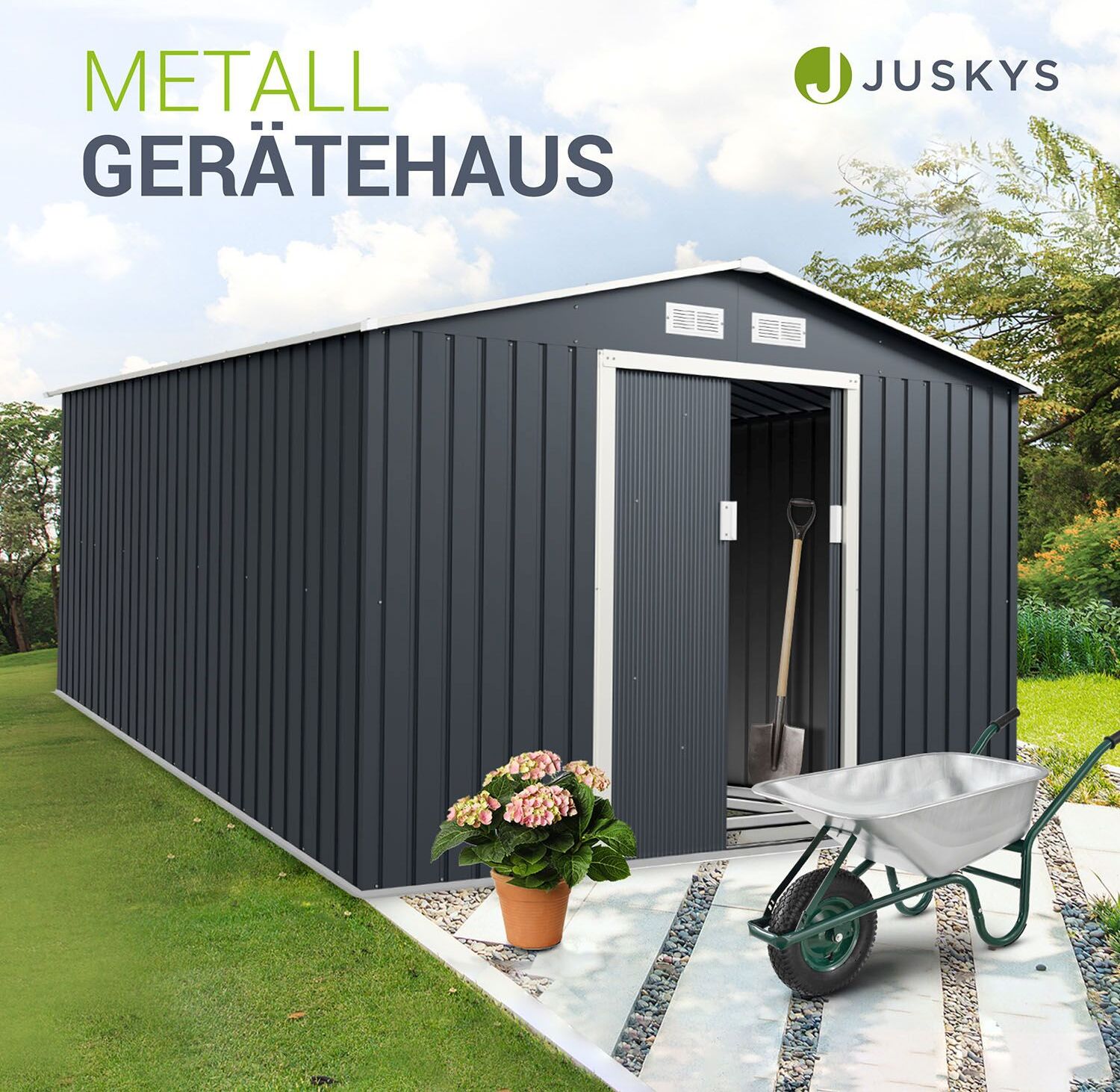 Juskys Metall Gerätehaus XXL mit Satteldach, Tür & Fundament - 15m³ groß - Anthrazit 21052
