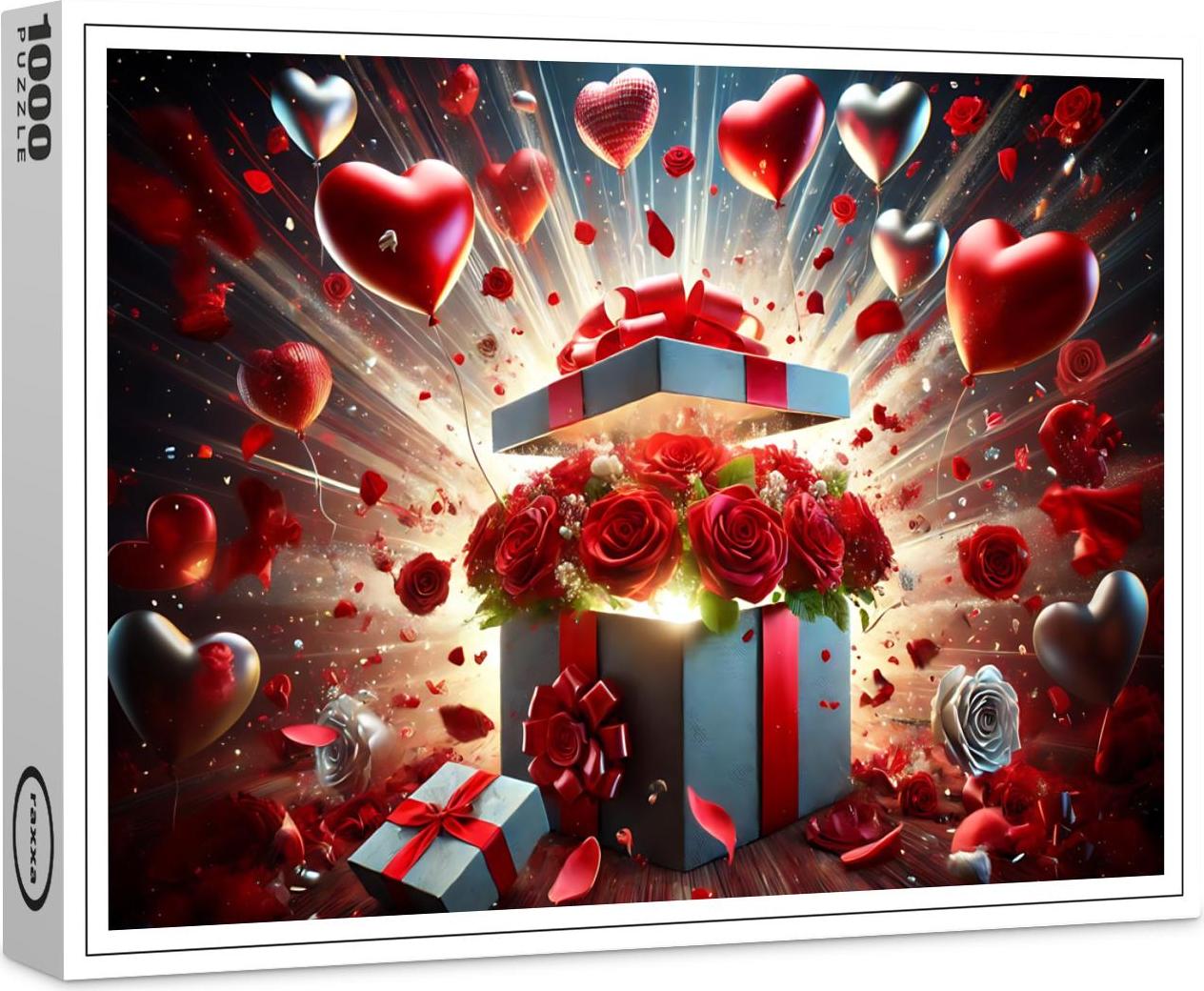 raxxa Premium-Puzzle "Romantische Geschenkbox mit roten Rosen und Herzluftballons", 1000 Teile 1-14270-19240-268