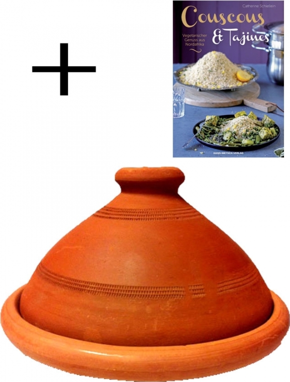 Marrakesch Orient & Mediterran Interior Tajine original aus Marokko, inklusive Kochbuch Vegetarischer Genuss aus Nordafrika, Tontopf zum Kochen, Tuareg Ø 30cm, für 4-5 Personen, handgetöpfert aus Marrakesch, unglasiert, frei von Schadstoffe tj020-kb011