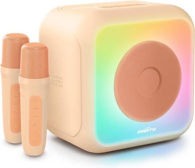Karaoke reproduktor BIGBEN, Bluetooth, 30 W, 2 bezdrôtové mikrofóny, USB-C, ekvalizér, broskyňová farba