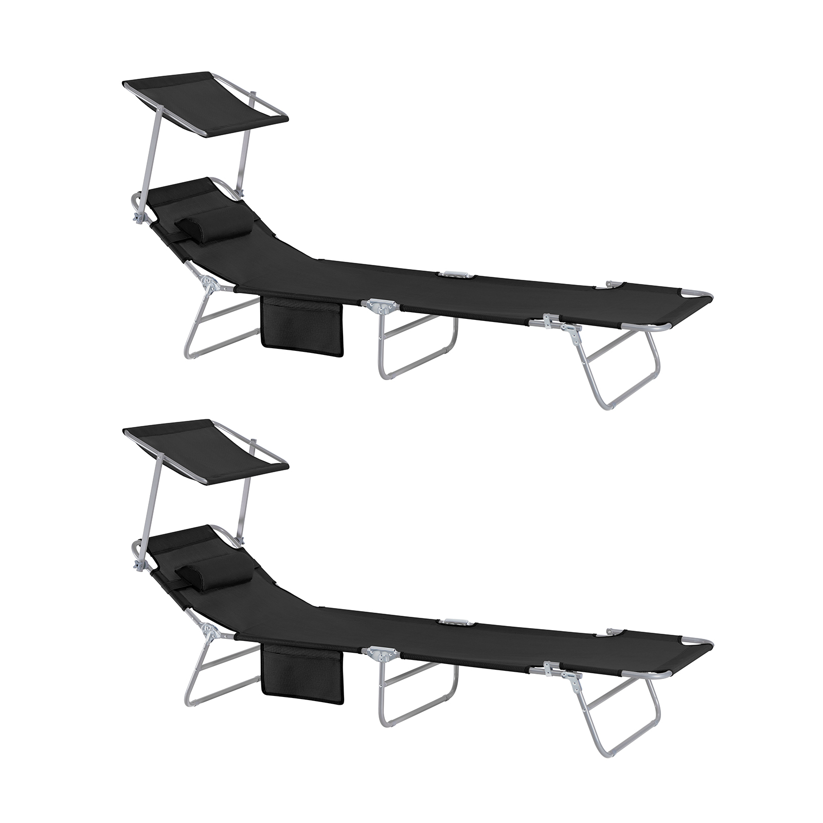 SoBuy OGS48-SCHx2 Sada 2 ležadiel s hlavovým vankúšom a slnečnou strieškou Záhradné ležadlo Plážové ležadlo Relaxačné kreslo Skladacie ležadlo čierne