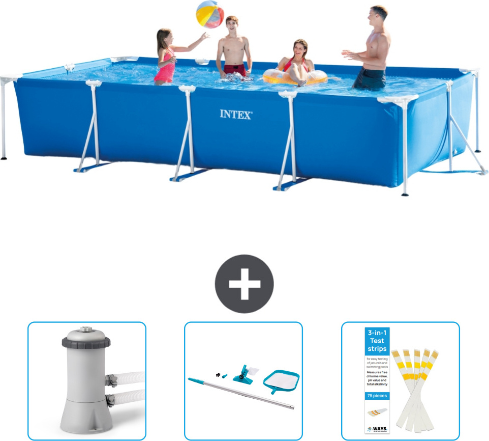 Bazén Intex s obdĺžnikovým rámom - 450 x 220 x 84 cm - modrý - obsahuje filtračné čerpadlo pre bazén - čistiacu súpravu - testovacie prúžky