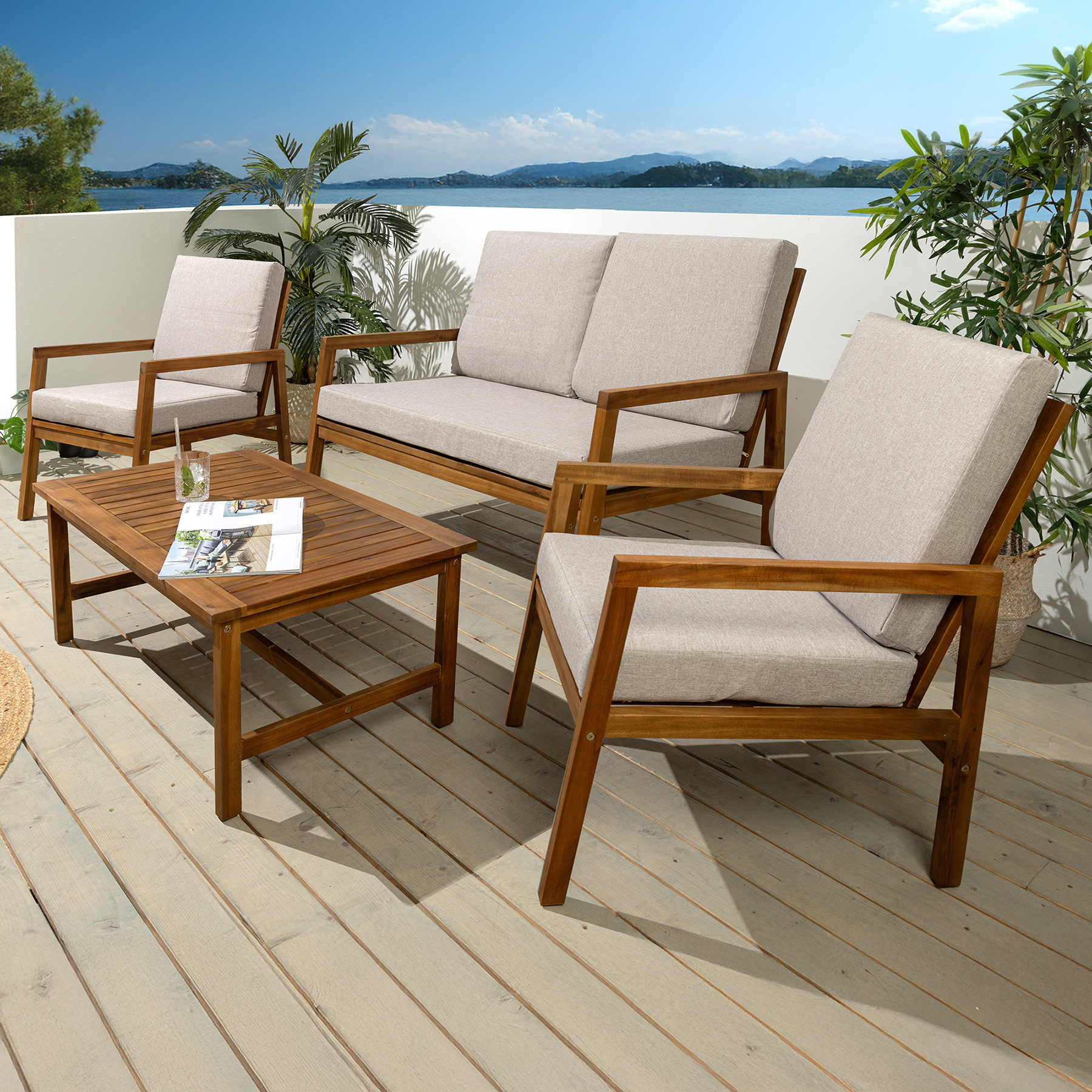 riess-ambiente Outdoor Garten-Sitzgruppe BALI 110cm natur honey finish Akazie Massivholz wetterfest Loungemöbel Balkonmöbel Gartenmöbel 45273