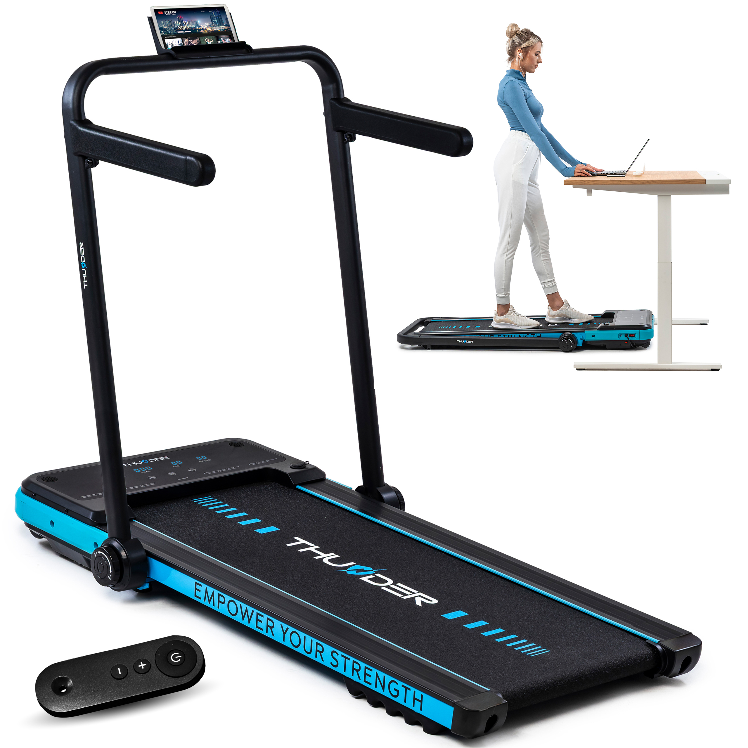 Laufband Thunder IMPACT BLUE 106,5x40cm 12km/h FitShow klappbar Bluetooth Transportrollen