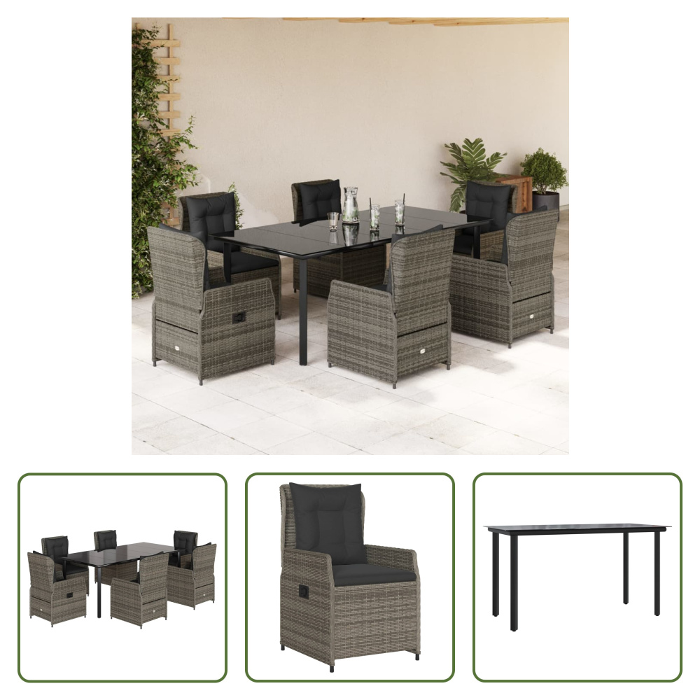 The Living Store 7-dielny záhradný jedálenský set s vankúšmi sivý polyratan