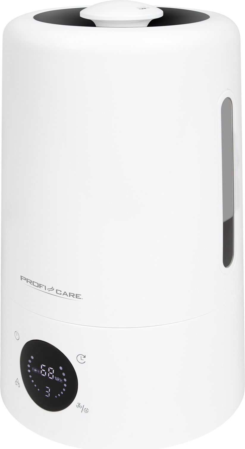ProfiCare Luchtbevochtiger PC-LB 3077, ultrasone technologie voor ruimtes tot 60 m², actief koolstoffilter, 5 liter watertank, 3 bedrijfsmodi, multifunctioneel led-display, touch-bediening, wit