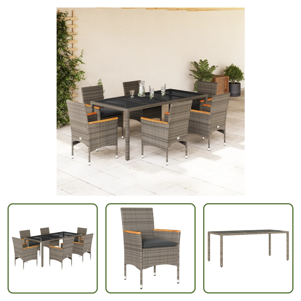 The Living Store 7-dielny záhradný jedálenský set s vankúšmi sivý polyratan a sklo