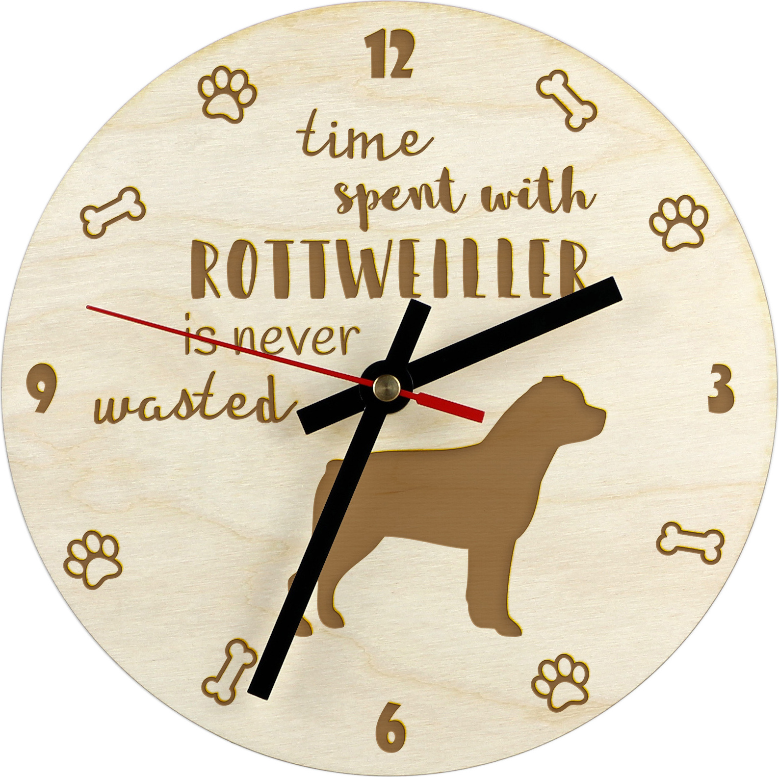 Rotvajler - hodiny so psom, drevené hodiny s gravírovaním, personalizované hodiny od Art-Dog