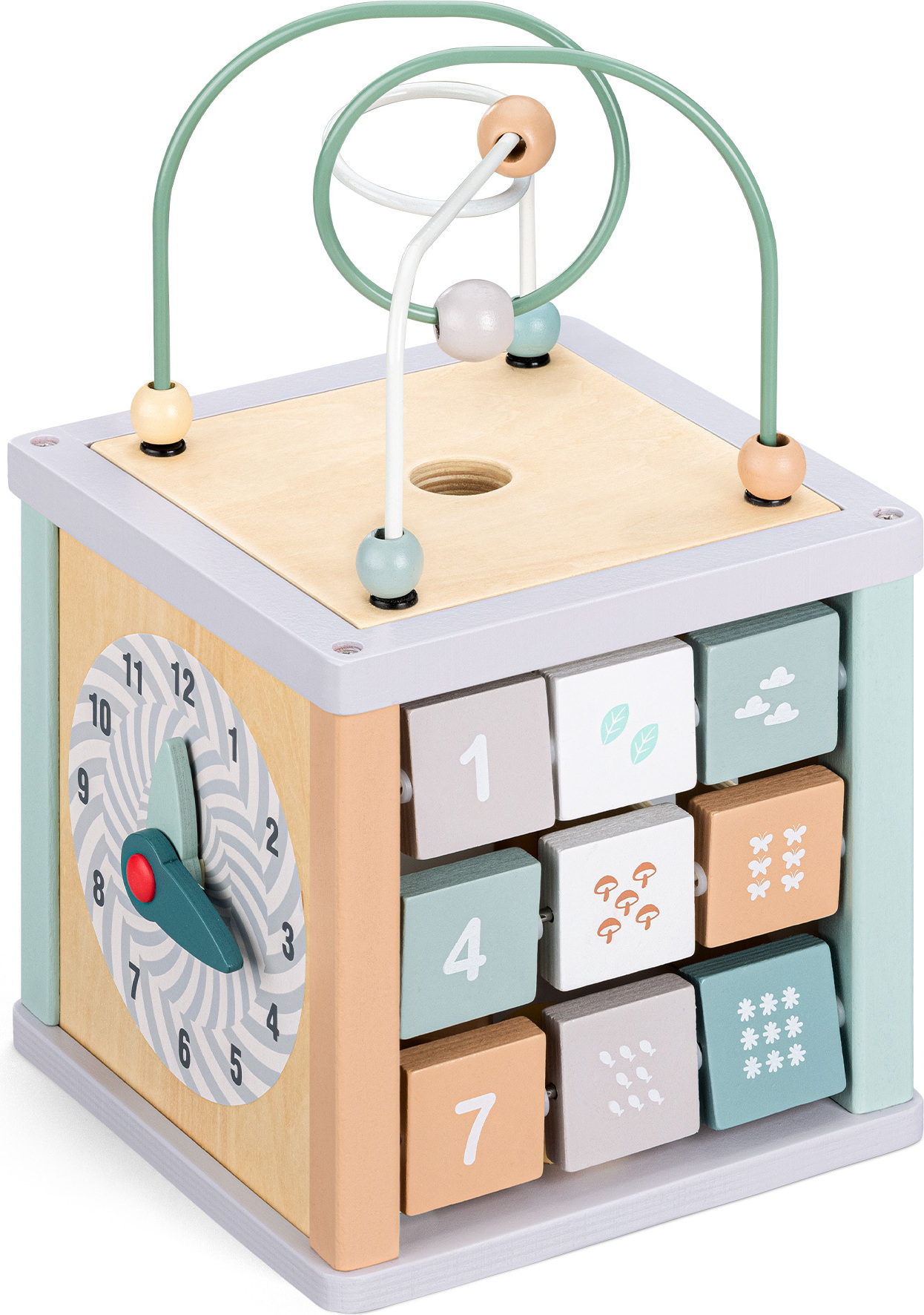 Navaris Motorikwürfel aus Holz - Activity Würfel Motorik Spielzeug ab 18 Monate - Motorikschleife Spielwürfel - Baby Spielspaß in Pastellfarben 54279.01