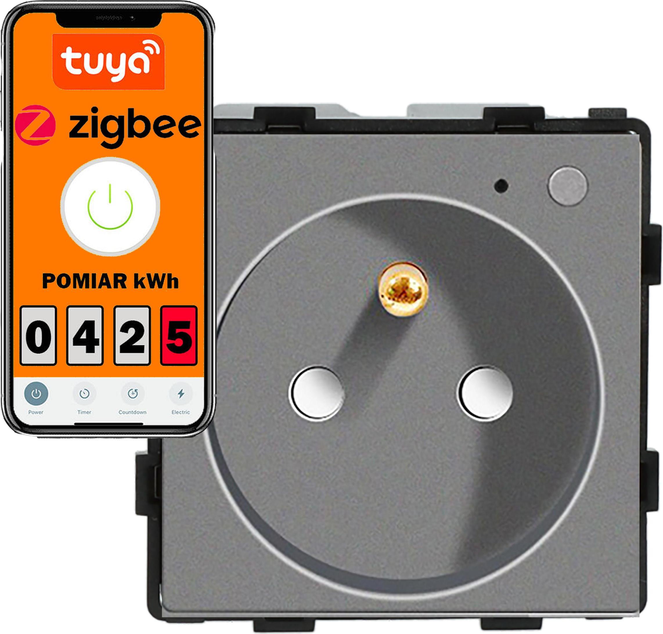 Smart Home 230V Steckdosenmodul mit Pin und ZigBee Energiemessung, grau