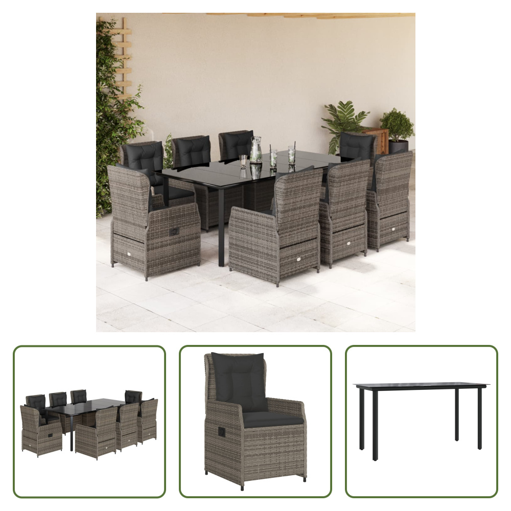 The Living Store 9-dielny záhradný jedálenský set s vankúšmi sivý polyratan