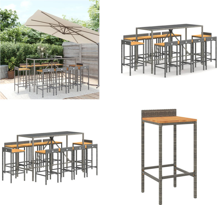 vidaXL 11-dielny záhradný barový set sivý polyratan a masívne drevo akácie - Záhradný barový set - Záhradné barové sety - Záhradný barový set - Záhradný bar