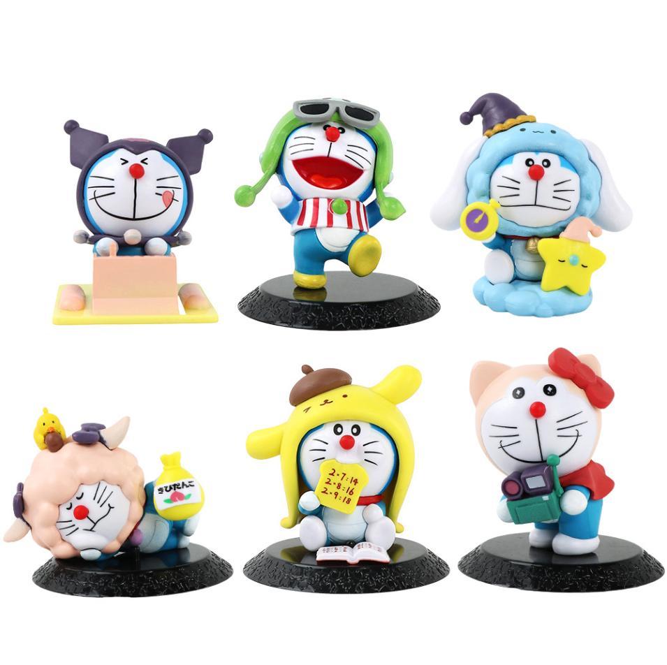 Generics 6pc Doraemon Anime Peripherie Cross Dressing Sanrio Dingdang Katze niedlich Desktop Figurine