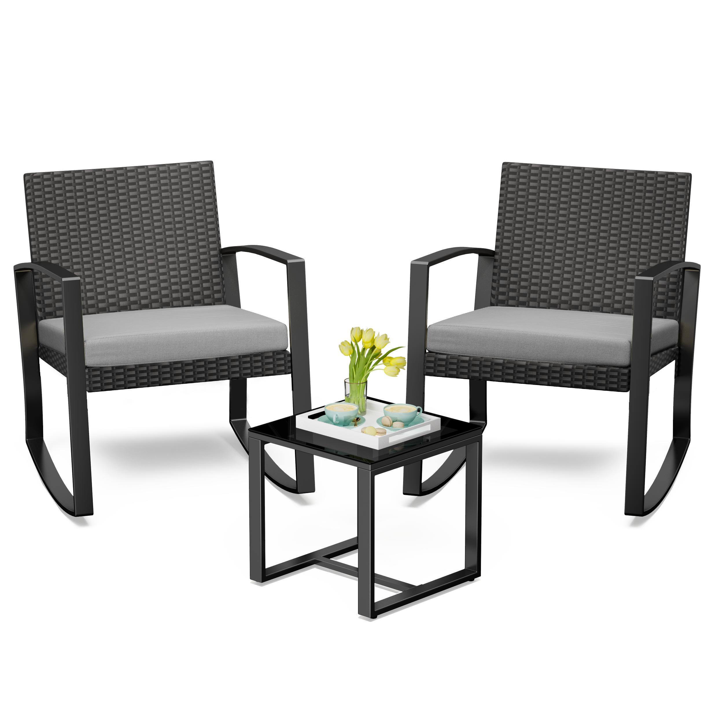 BEALIFE WR210 Ratanový set 3-dielny | záhradný set so sivými vankúšmi | 1 stôl + 2 stoličky na balkón a záhradu