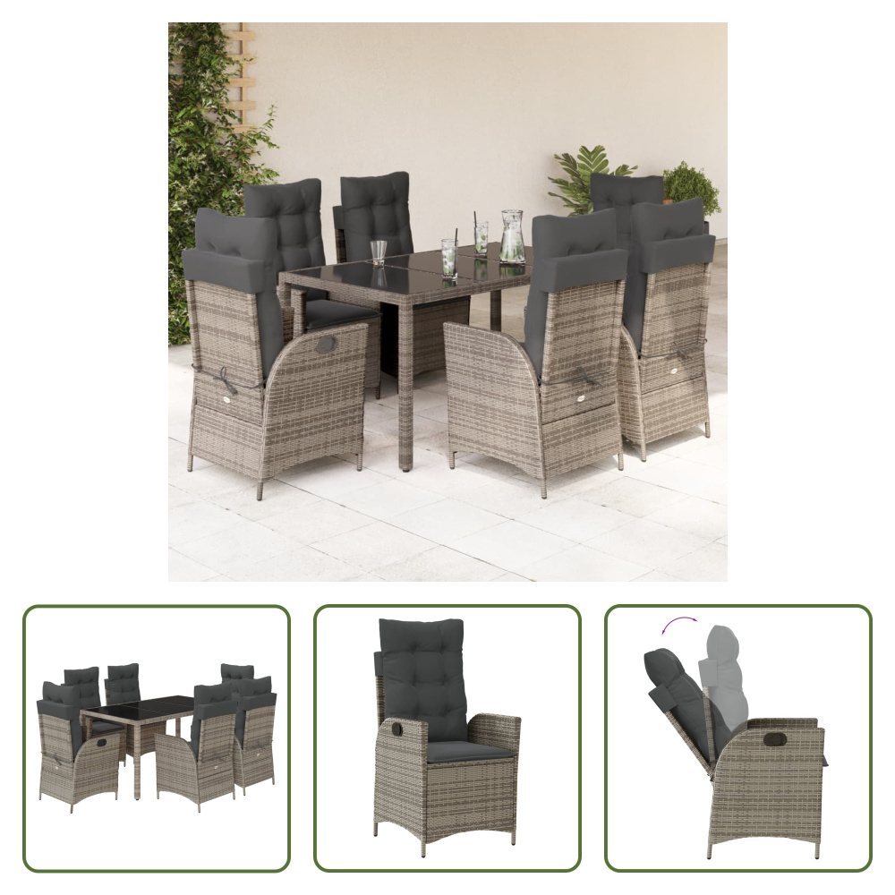 The Living Store 7-dielny záhradný jedálenský set s vankúšmi sivý polyratan