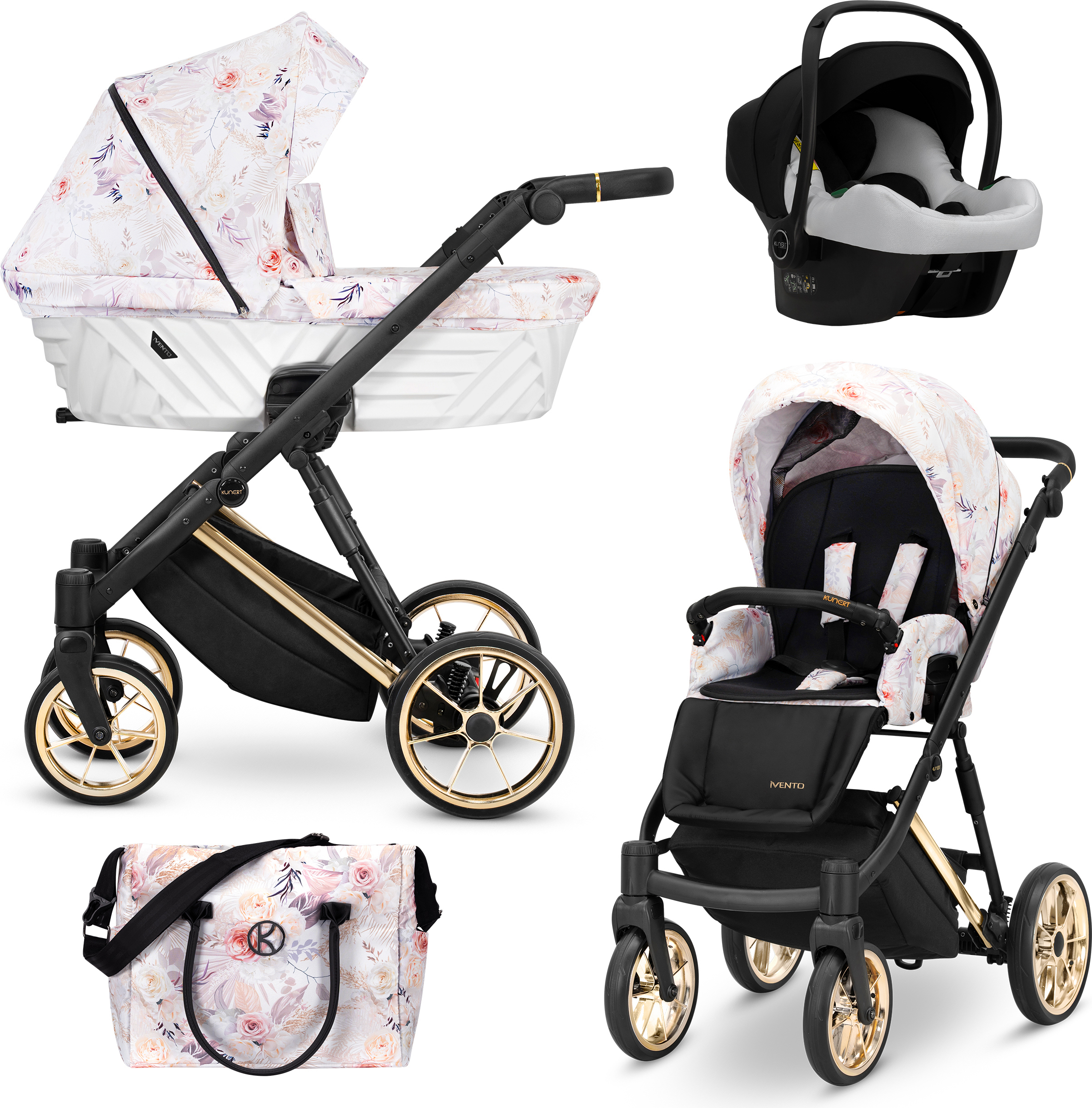 Kunert Kinderwagen IVENTO Sportwagen Babywagen Babyschale Komplettset Kinder Wagen Autositz Set 3 in 1 (Delicate Flowers, Rahmenfarbe: Gold)