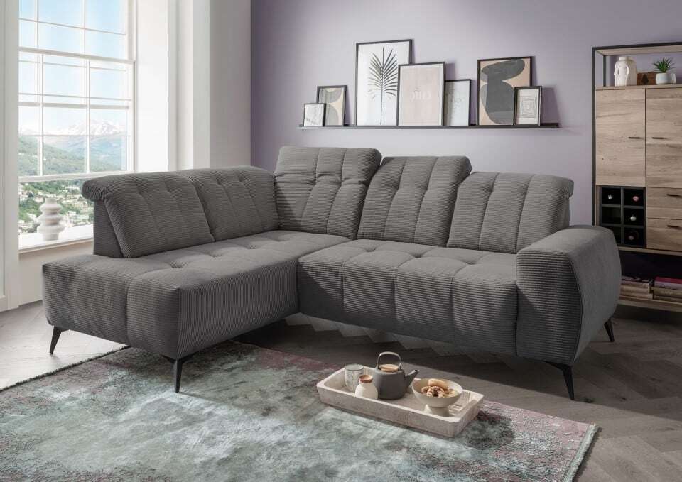 Ecksofa Sano Benformato 261 x 200 cm | Breitcord mit Elektrofunktion & verstellbaren Kopflehnen | Ausrichtung: Vorstehend links, Farben: Grau