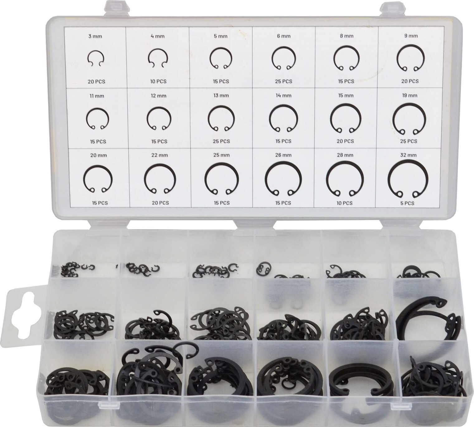 LUXTOM | Innen-Seegerring, 3-32 mm, 300tlg, Sprengring Set, Seegering Sortiment Sicherungsring für E-Clip, Seegerinnenringe Set 07-1301