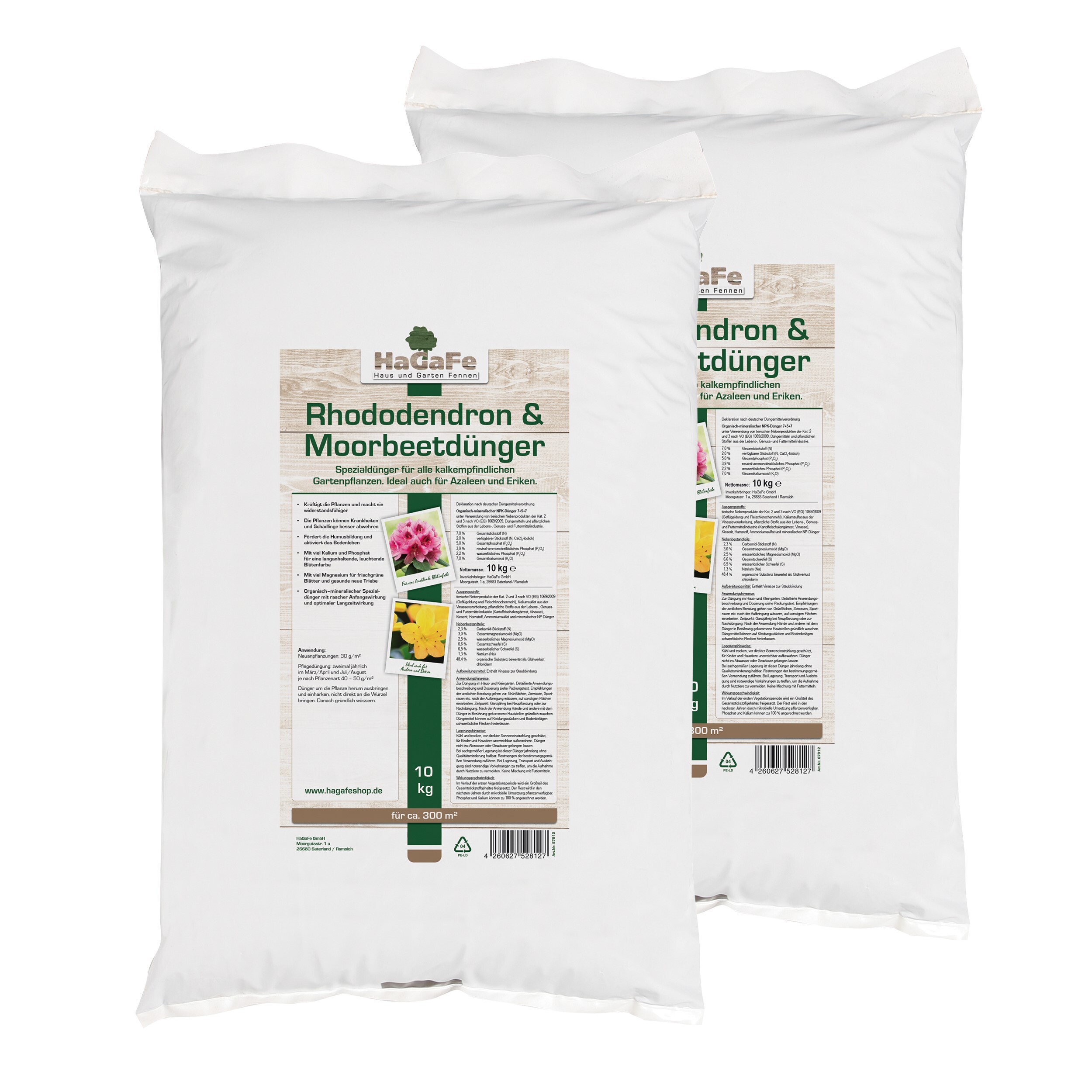 HaGaFe Rhododendrondünger, Moorbeetdünger, 2 x 10kg, Spezialdünger für alle Moorbeetpflanzen, Ideal auch für Azaleen, Heide und Eriken
