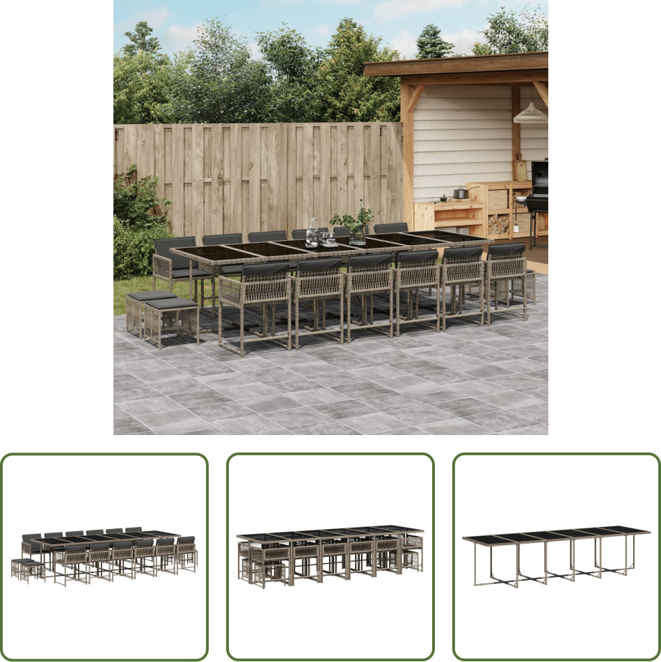 The Living Store 17-dielny záhradný jedálenský set s vankúšmi sivý polyratan