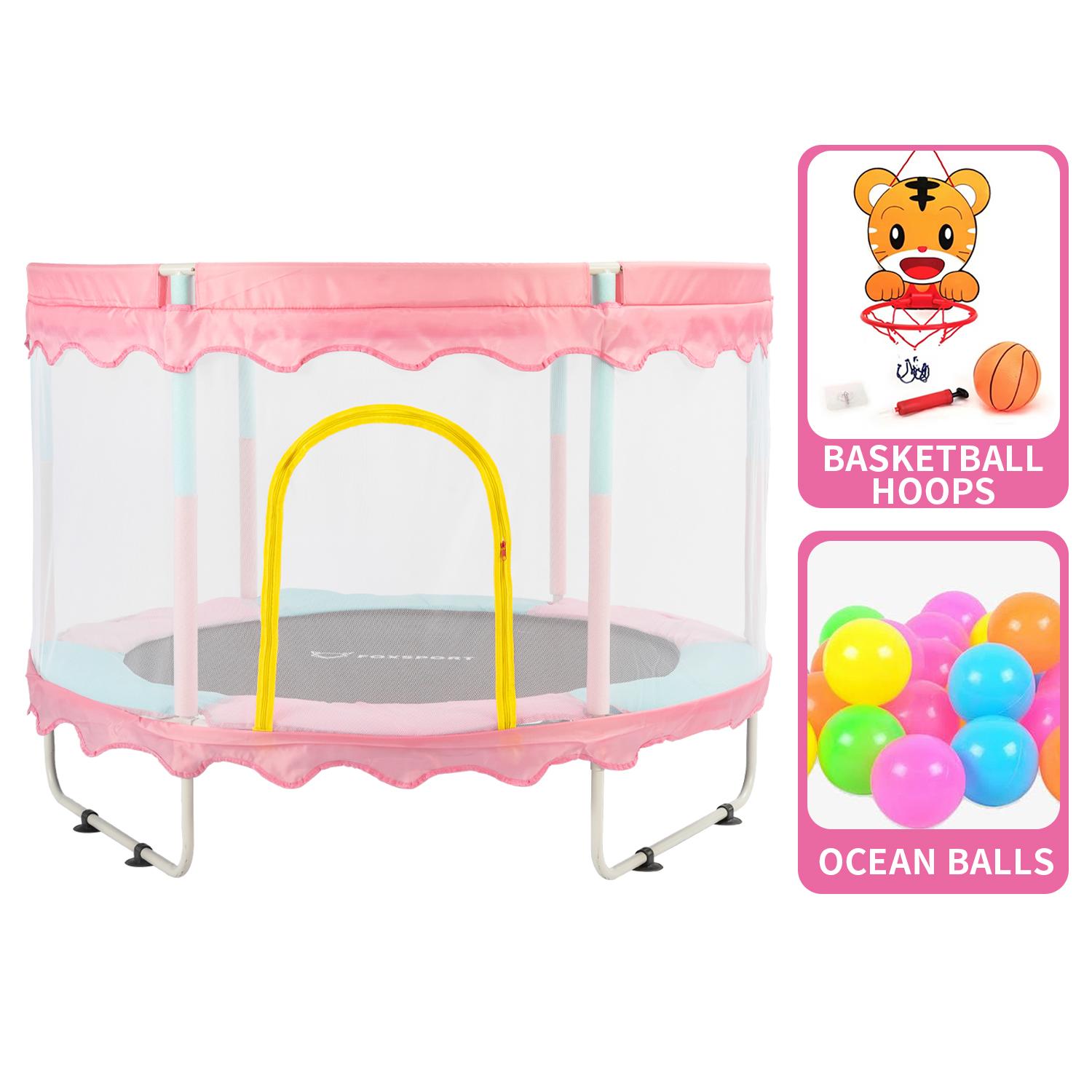 OFMOTRA FOXSPORT Kinder Trampolin Ø 150 cm - mit Sicherheitsnetz, Randabdeckung - Gartentrampolin - Outdoor/Indoor Spielzeug- Rosa