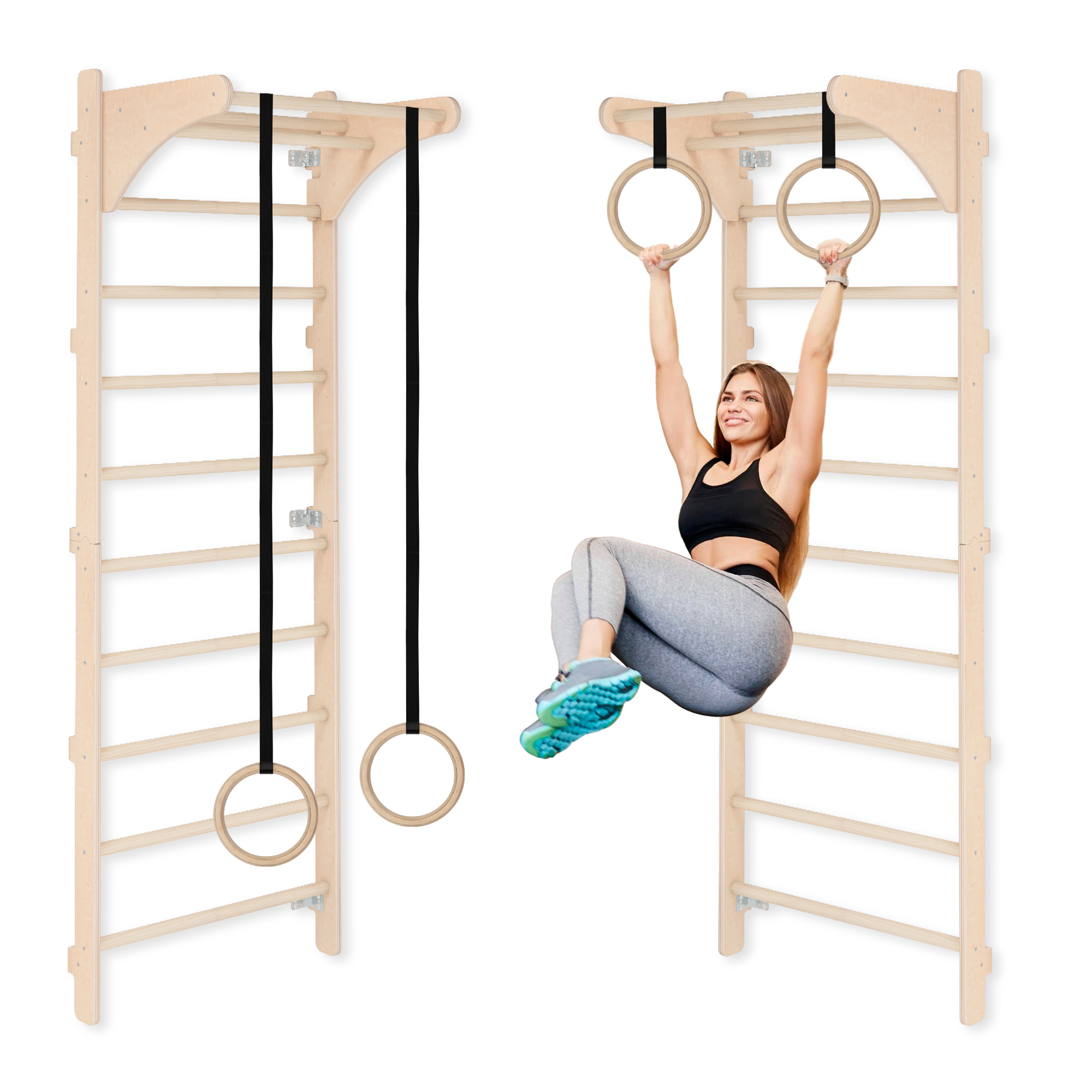 MAMOI Sprossenwand mit verstellbaren Holzringen, Trainingsgerät für Erwachsene und Kinder, Heim-Fitness, Kraft- und Mobilitätstraining, Wandmontage