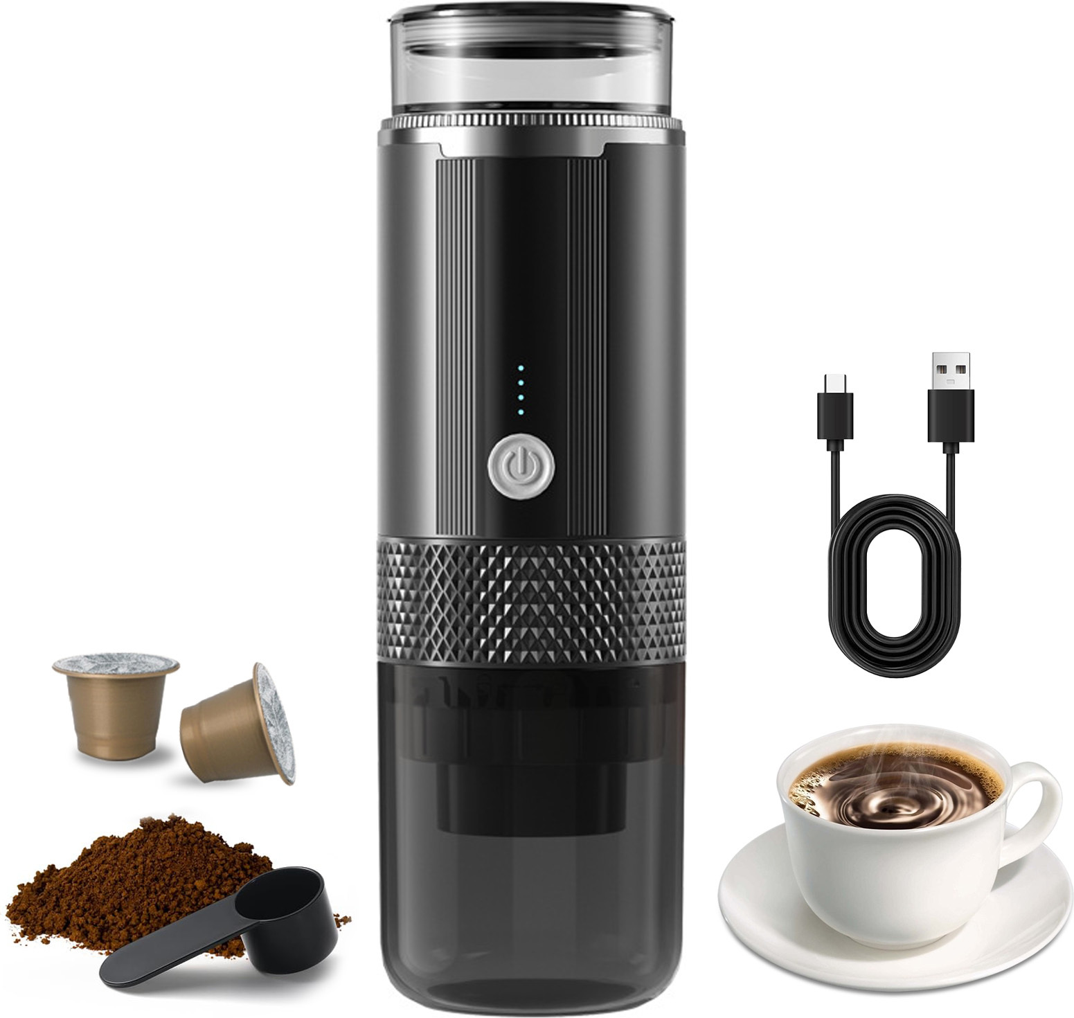 Tragbare Kaffeemaschine 12V Fr Auto & Camping  Wiederaufladbare  Espressomaschine Mit K-Cup & Gemahlenem Kaffee